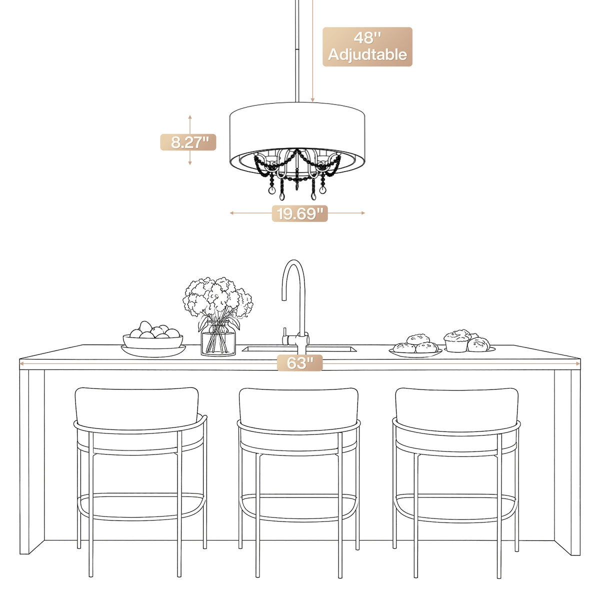 19.7" Gold Crystal Drum Chandelier, Modern 5-Light Pendant Light