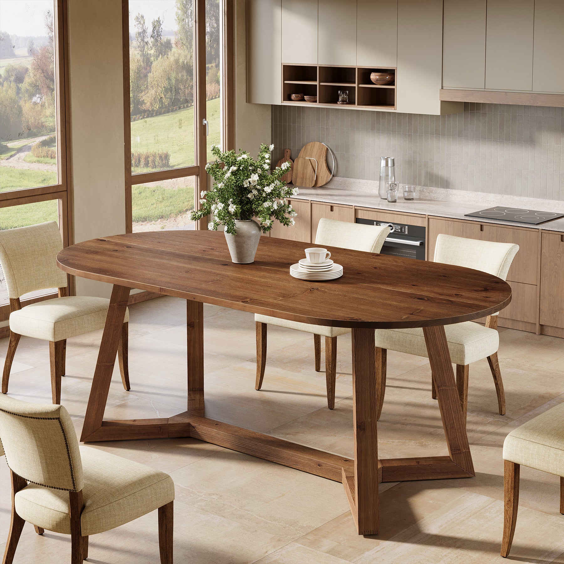 Solid Wood Oval Dining Table, 63" Kitchen Table with Sturdy Tapered Legs for 4-6