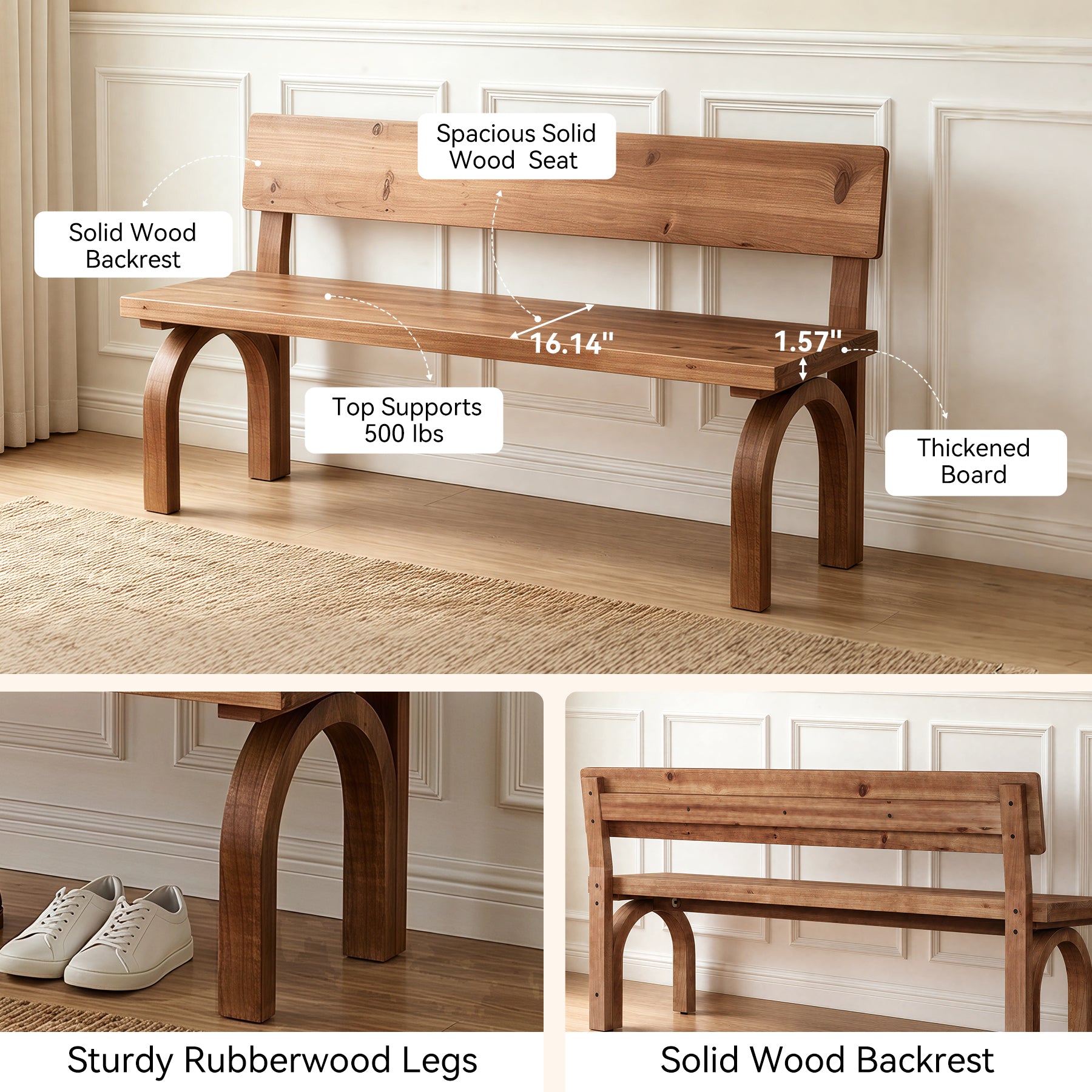 Solid Wood Entryway Bench with Backrest, 63" Long Dining Bench for Entryway, Kitchen
