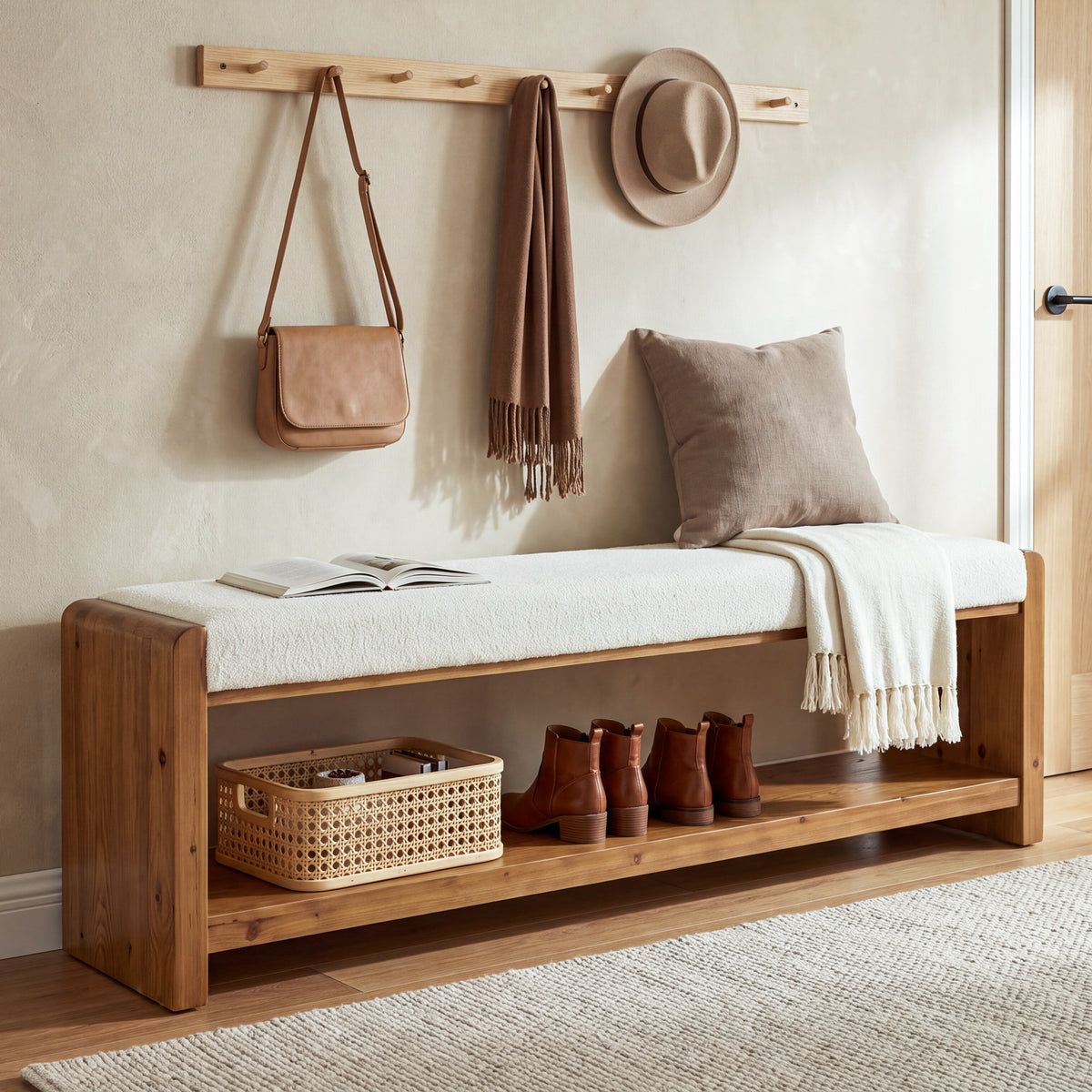 63" Solid Wood Bench with Cushion, 2-Tier Upholstered Entryway Bench for Living Room