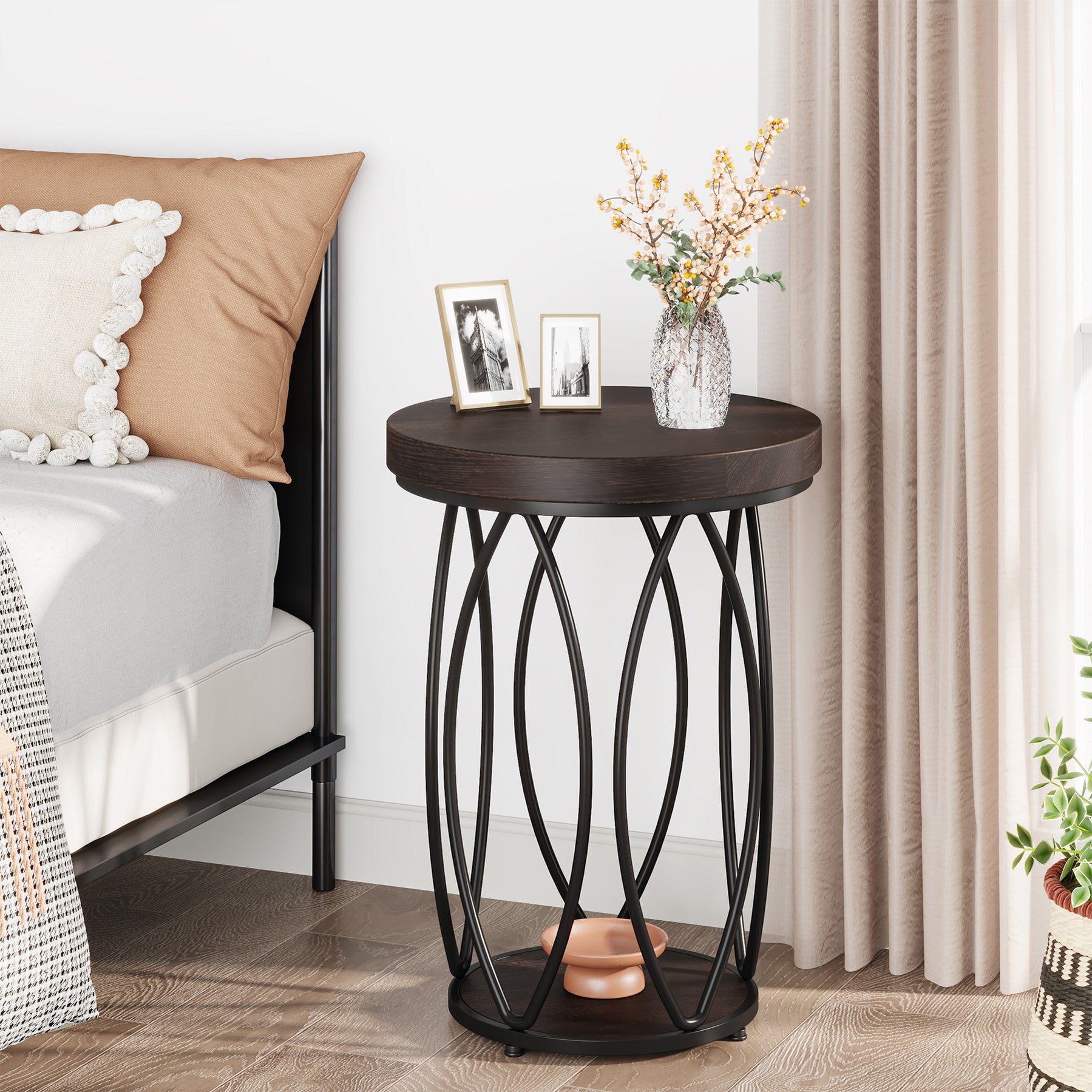 Tribesigns Round End Table, Industrial Side Table with Storage Shelf