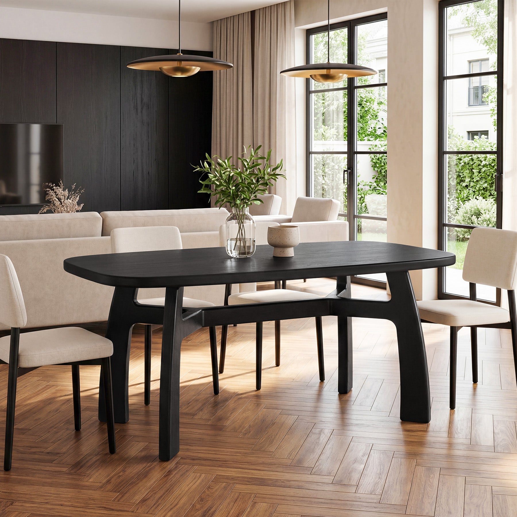 63-Inch Dining Table for 6-8, Solid Wood Kitchen Table with H-Frame for Dining Room