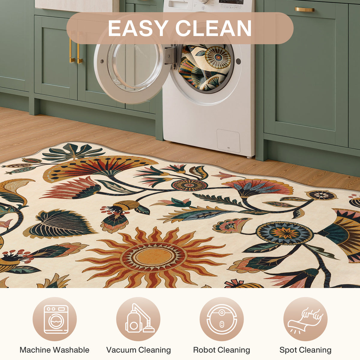 Boho Floral Washable Area Rug, Non-Slip Rug for Living Room Bedroom, Boho Floral Carpet