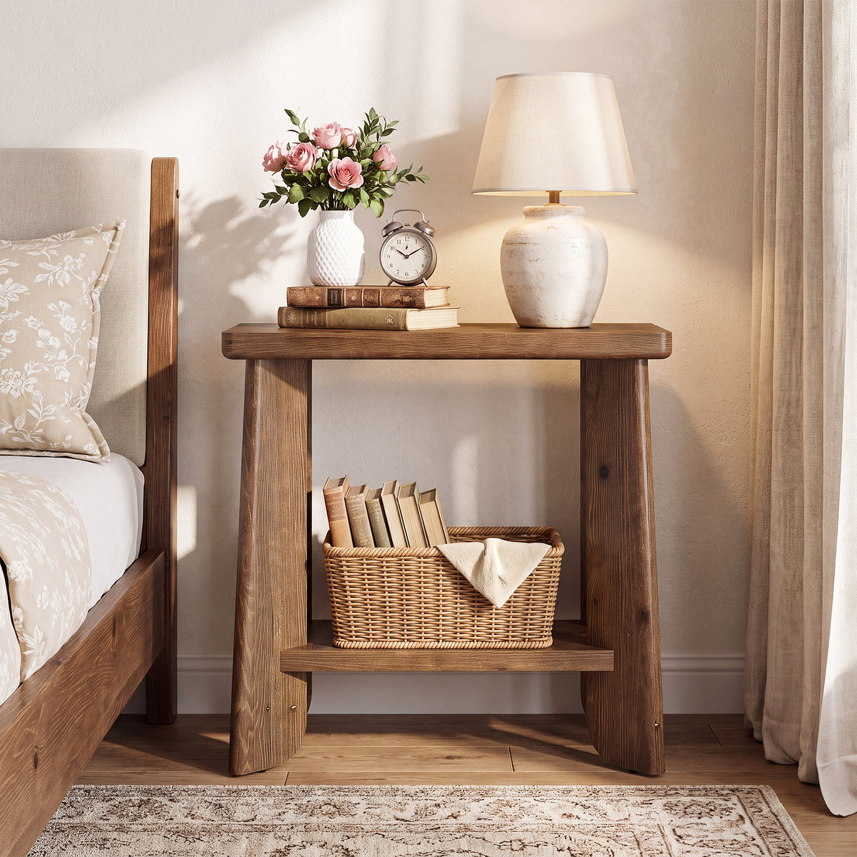 24" Rustic Farmhouse End Table, 2-Tier Narrow Solid Wood Nightstand, Living Room