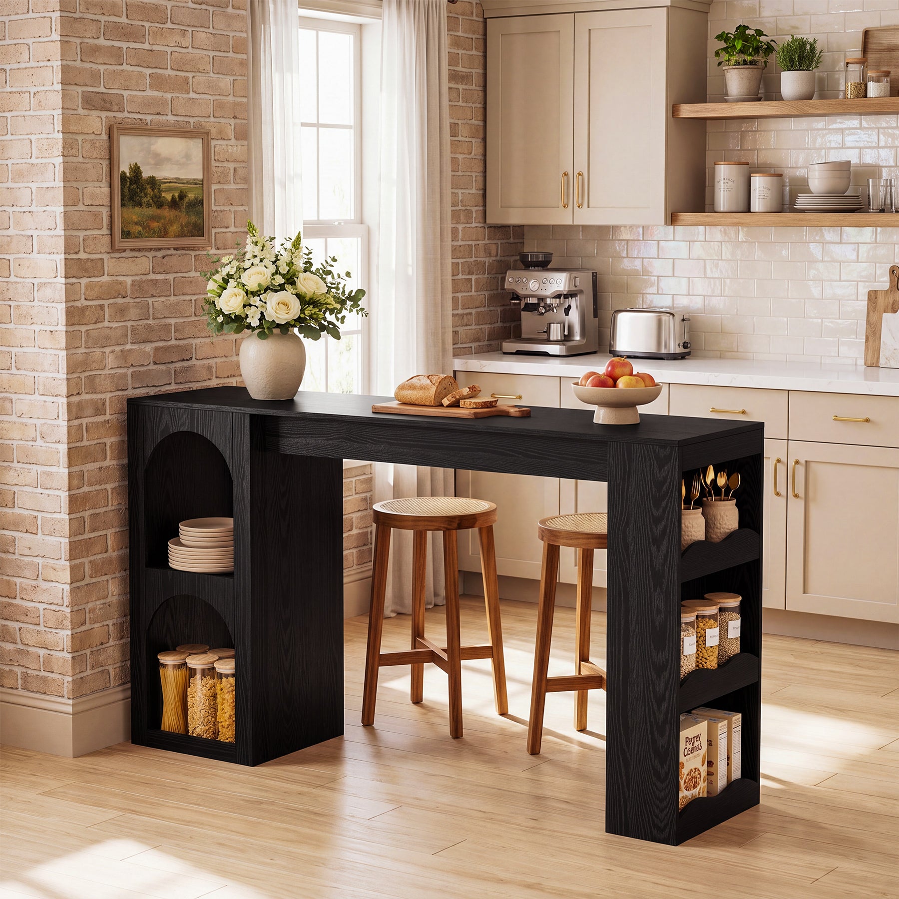 63" Bar Table, Modern Counter-Height Dining Table with Dual-Side Storage for Kitchen