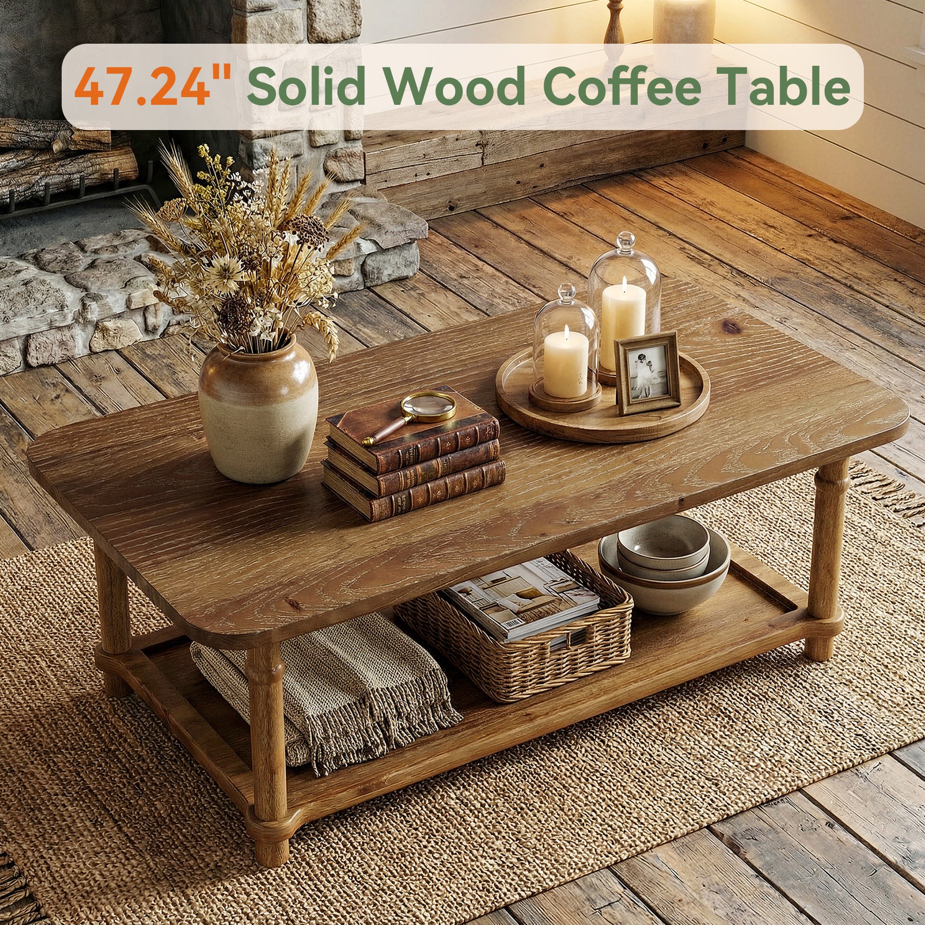 Rectangle Solid Wood Coffee Table, 47" Center Table with 2-Tier Storage