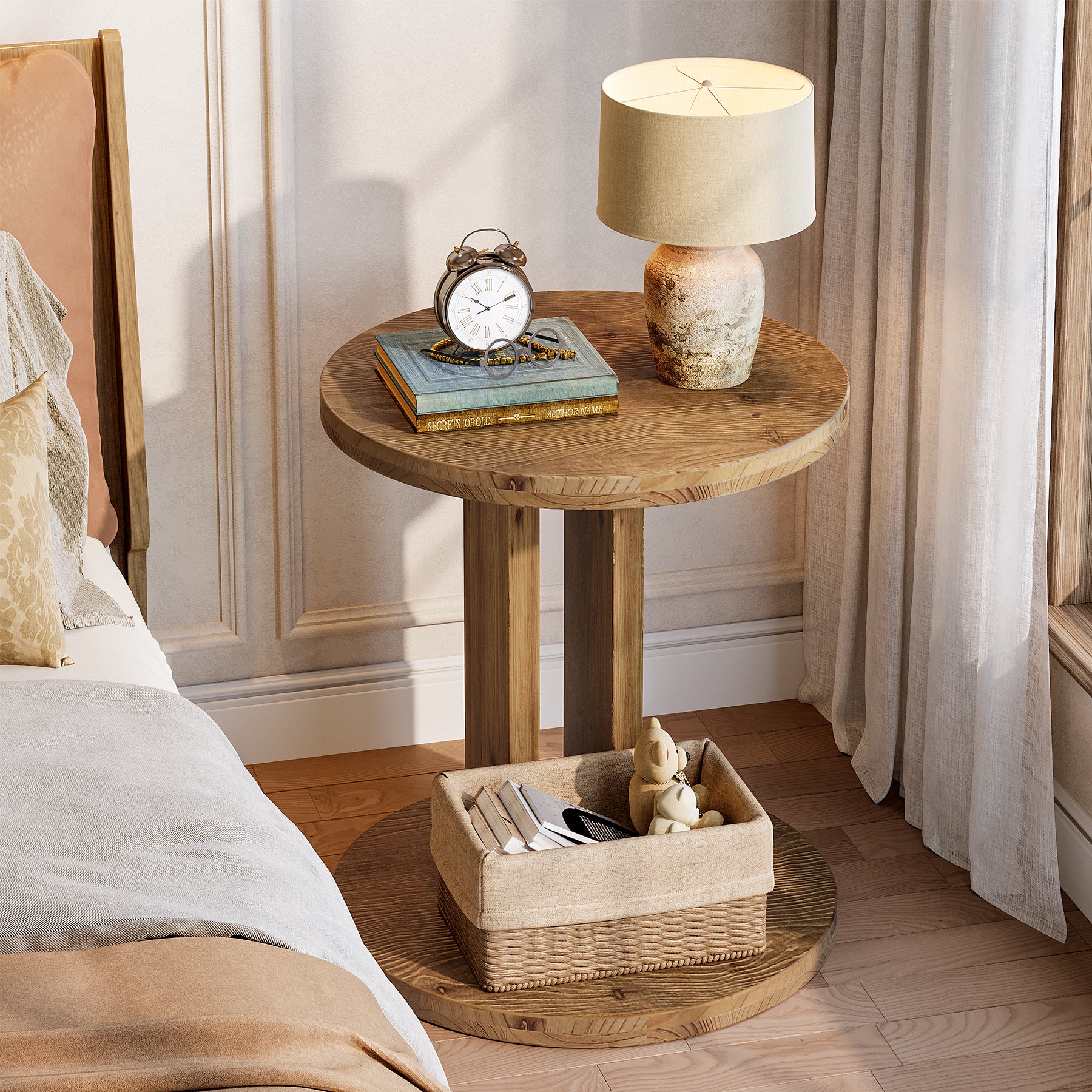 Solid Wood Nightstand, 19.68"C-Shaped Bedside Table with Storage