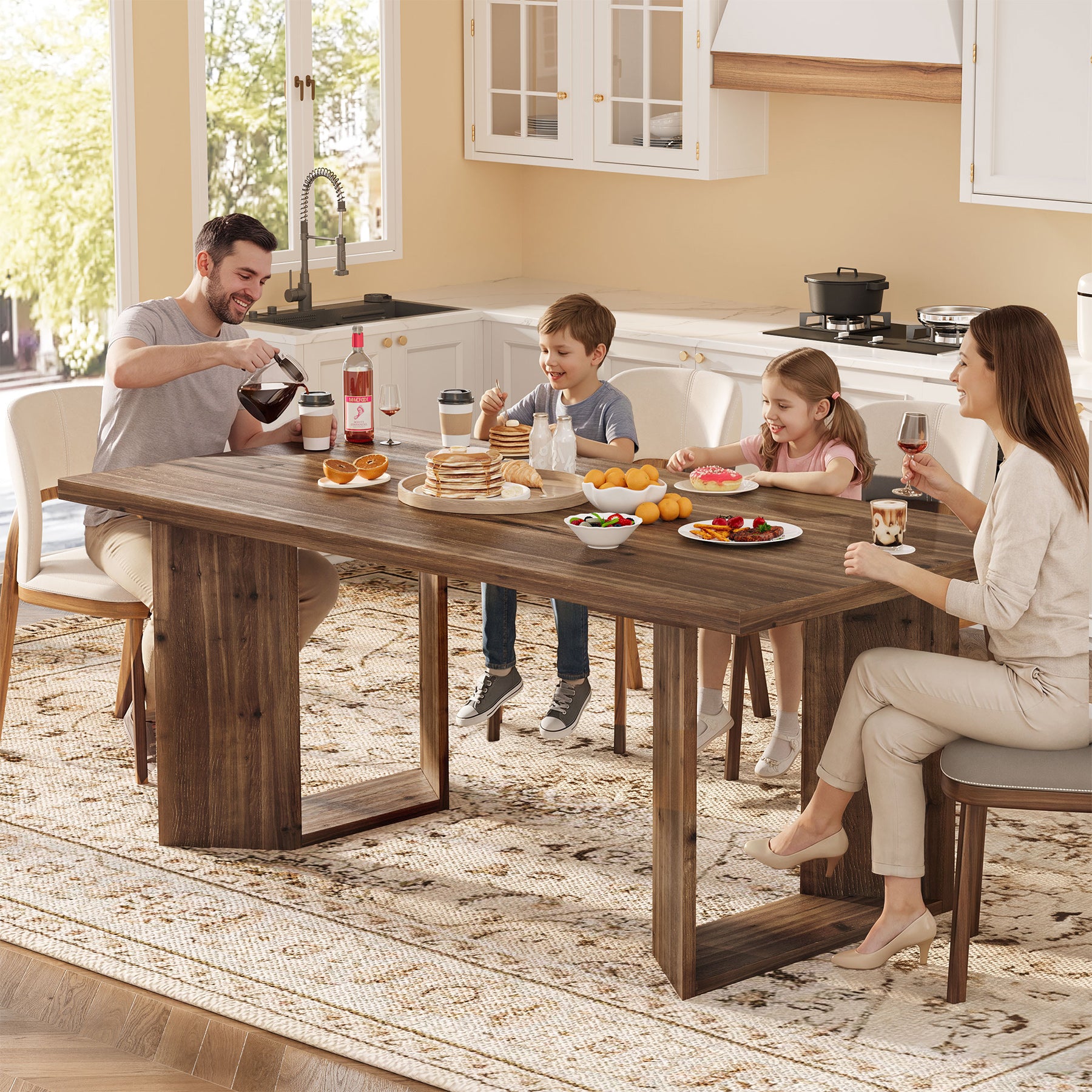 63" Solid Wood Dining Table, Rectangle Kitchen Table with U-Shaped Frames for 4-6