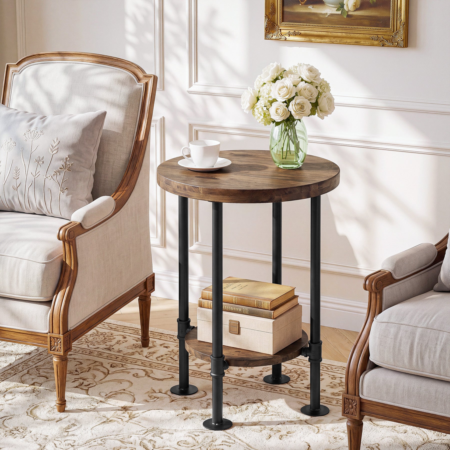 Round End Table, 2-Tier Side Table with Solid Wood Top & Metal Pipe Legs for Living Room