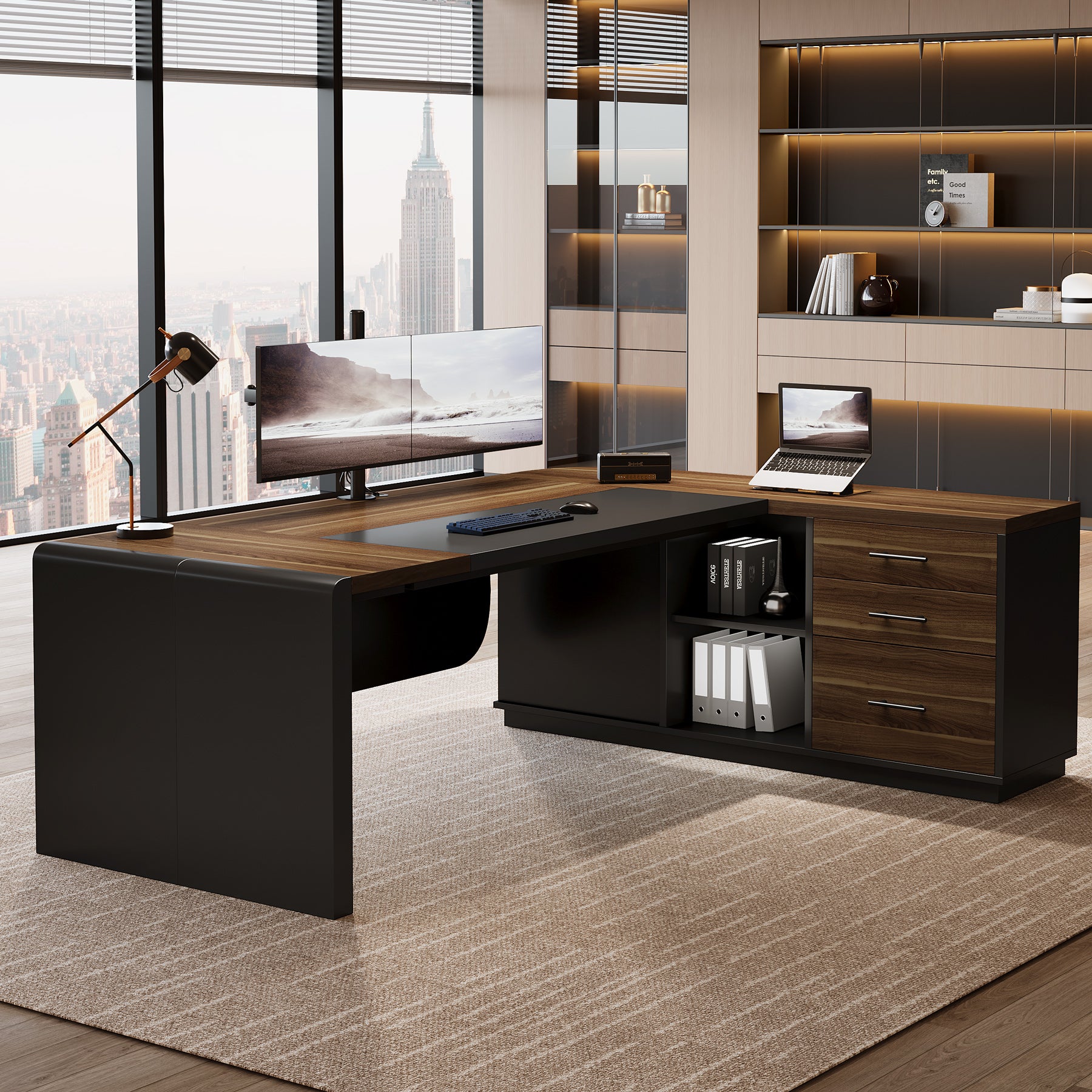 Large 80" L-Shaped Computer Desk with Storage Drawers, Executive Office Workstation