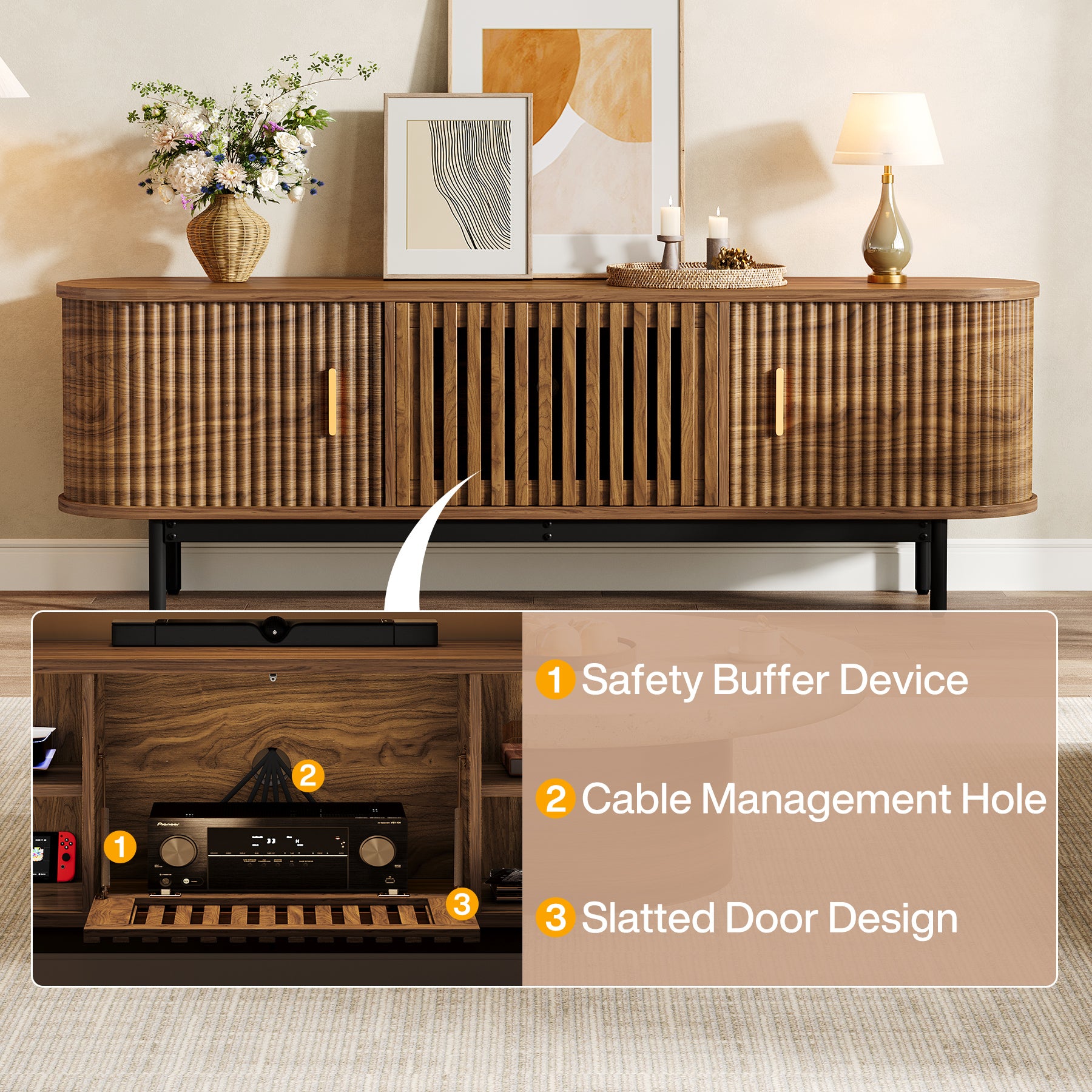 70" TV Stand for TVs up to 80", Fluted TV Console with Metal Legs & Sliding Doors