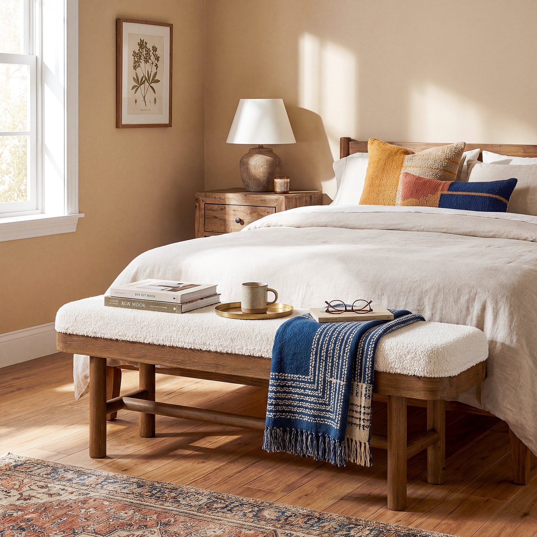 55" Upholstered Bedroom Bench, End of Bed Bench with Solid Wood Frame & Cushion