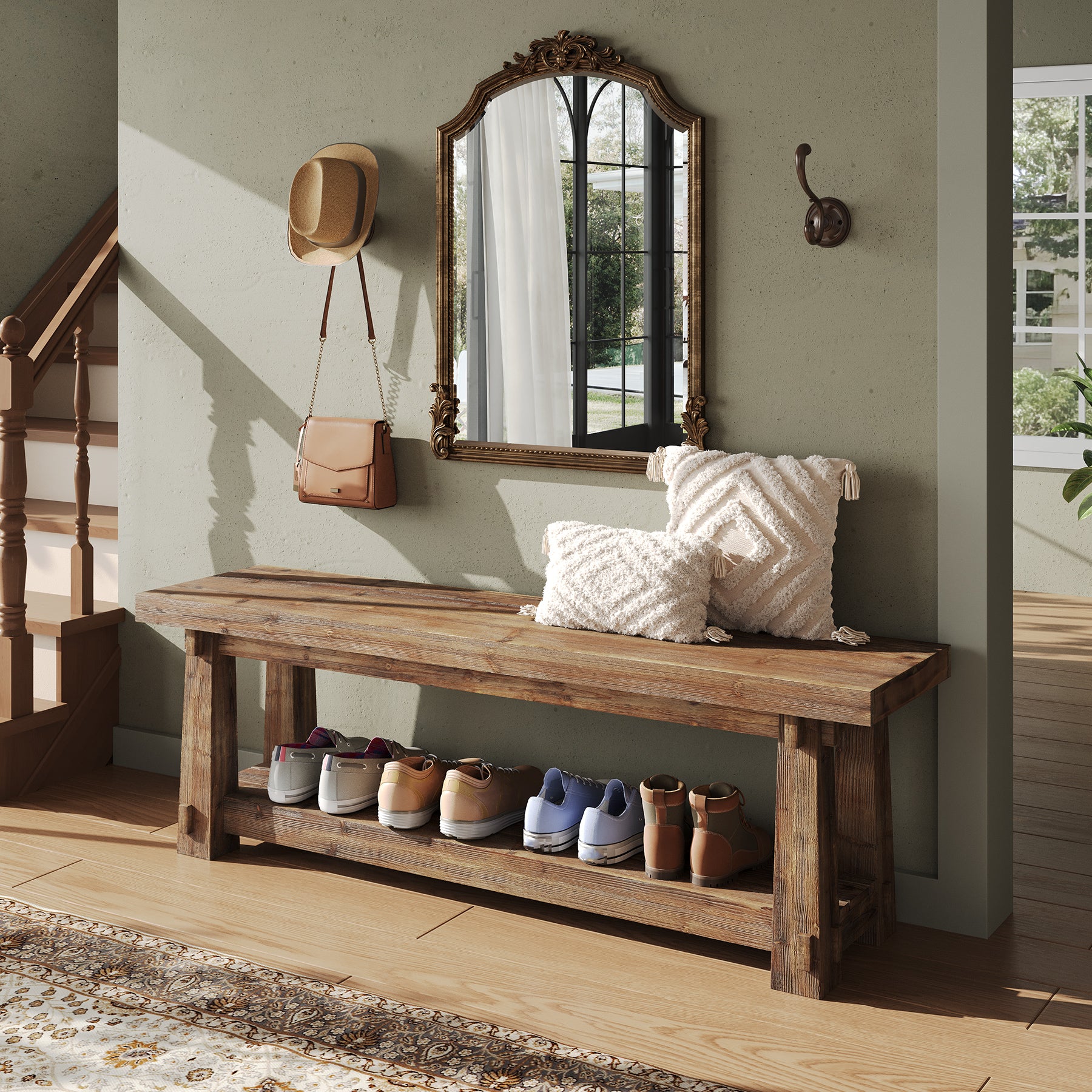 55" Entryway Bench, Foyer Bench with Shoe Storage for Hallway
