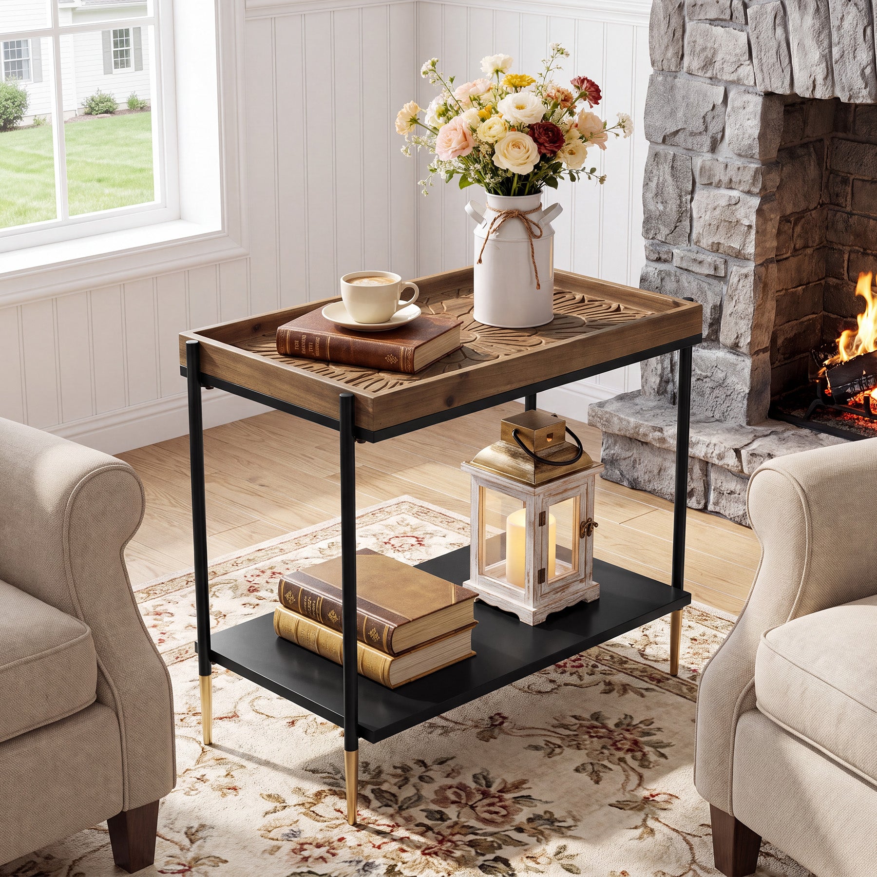27.5" 2-Tier End Table with Storage Shelf, Solid Wood Side Table for Living Room