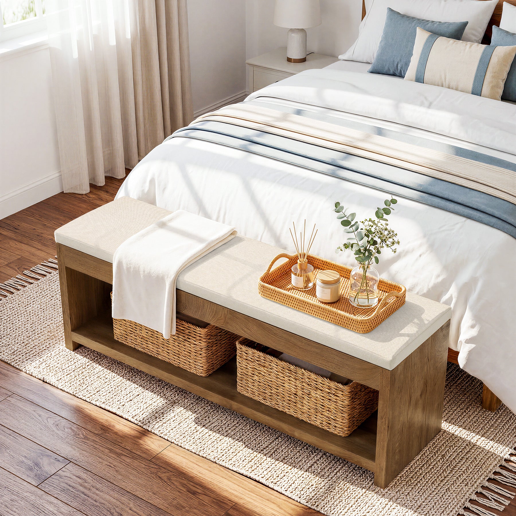 Upholstered End of Bed Bench, 55" Wooden Storage Bench with Shoe Rack