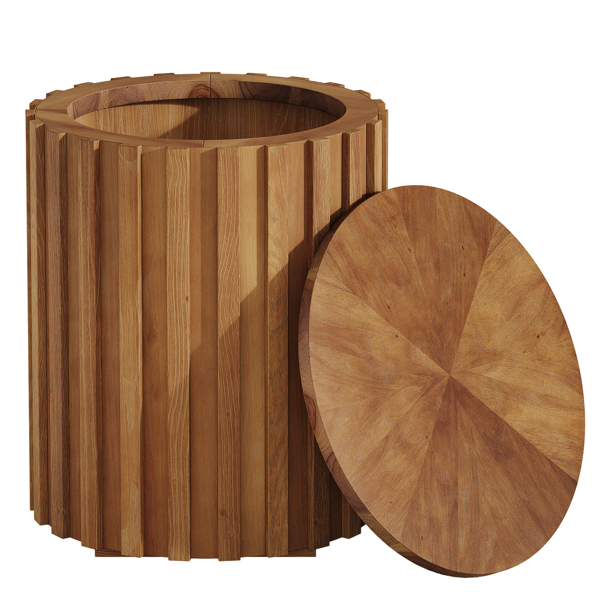 Fluted Round End Table, Solid Wood Cylinder Hidden Storage, No Assembly Nightstand