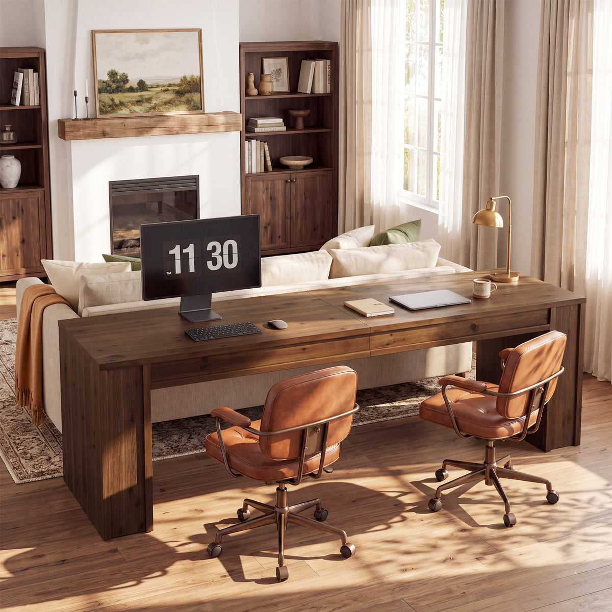 Solid Wood 2-Person Desk, 78.7" Double Computer Desk Workstation for Home Office