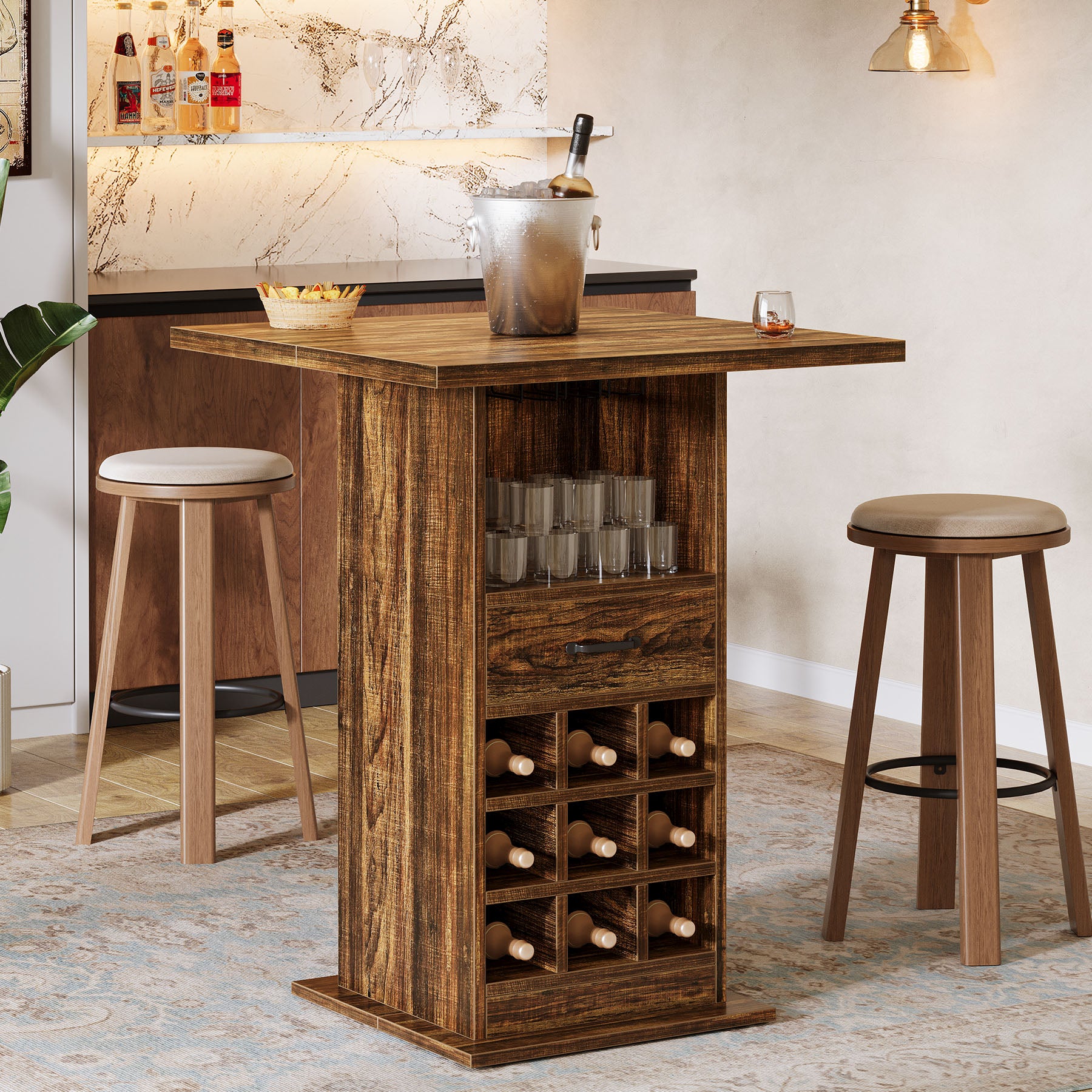 Home Bar Unit,  Square Liquor Bar Cabinet with Storage Drawer and Wine Rack