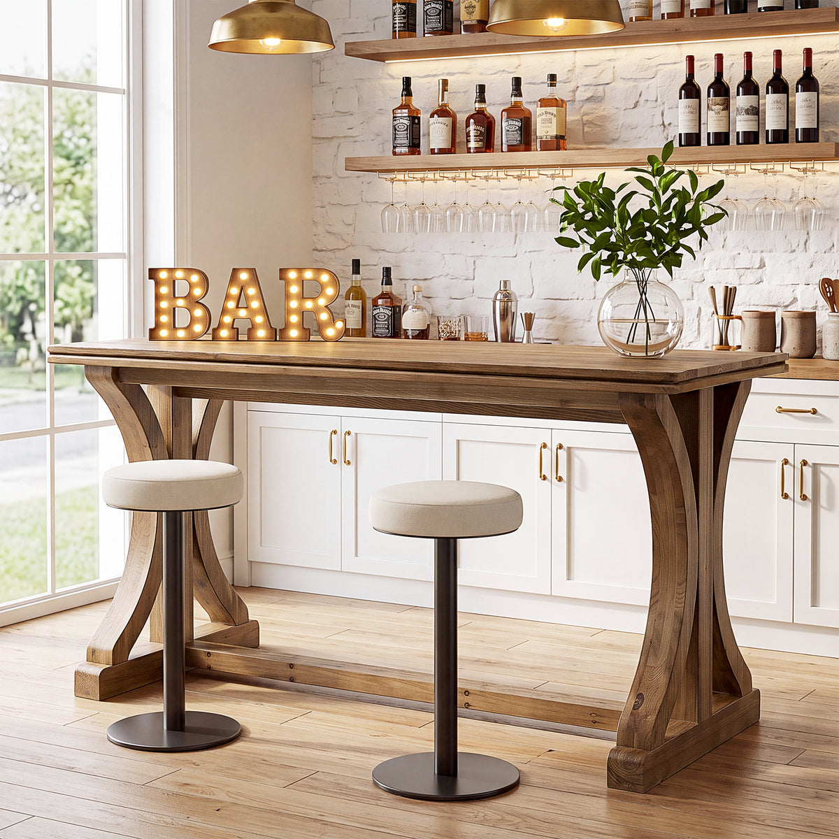 63" Counter Height Pub Table, Farmhouse Solid Wood Bar Table with X-Shaped Legs