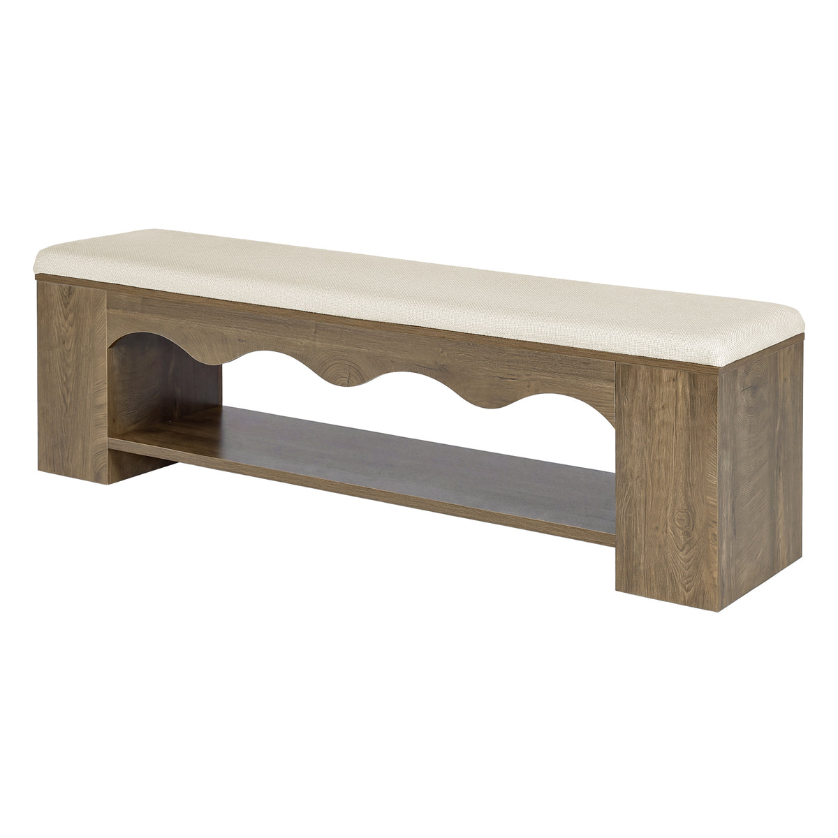 63" Upholstered Entryway Bench, 2-Tier Shoe Bench with Cushion & Open Storage Shelf