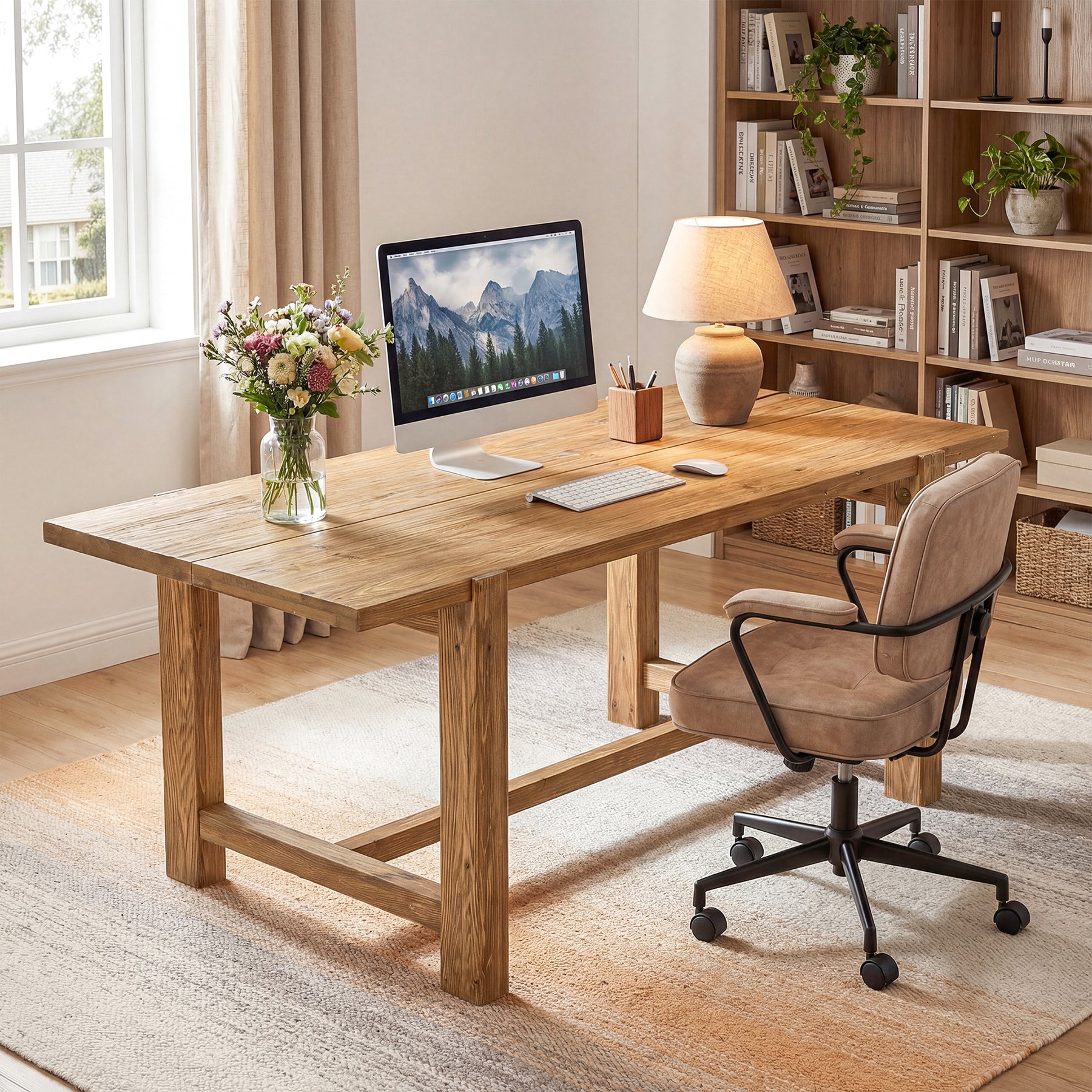 63 Inch Solid Wood Computer Desk, Farmhouse Executive Office Desk for Home Office Workspace
