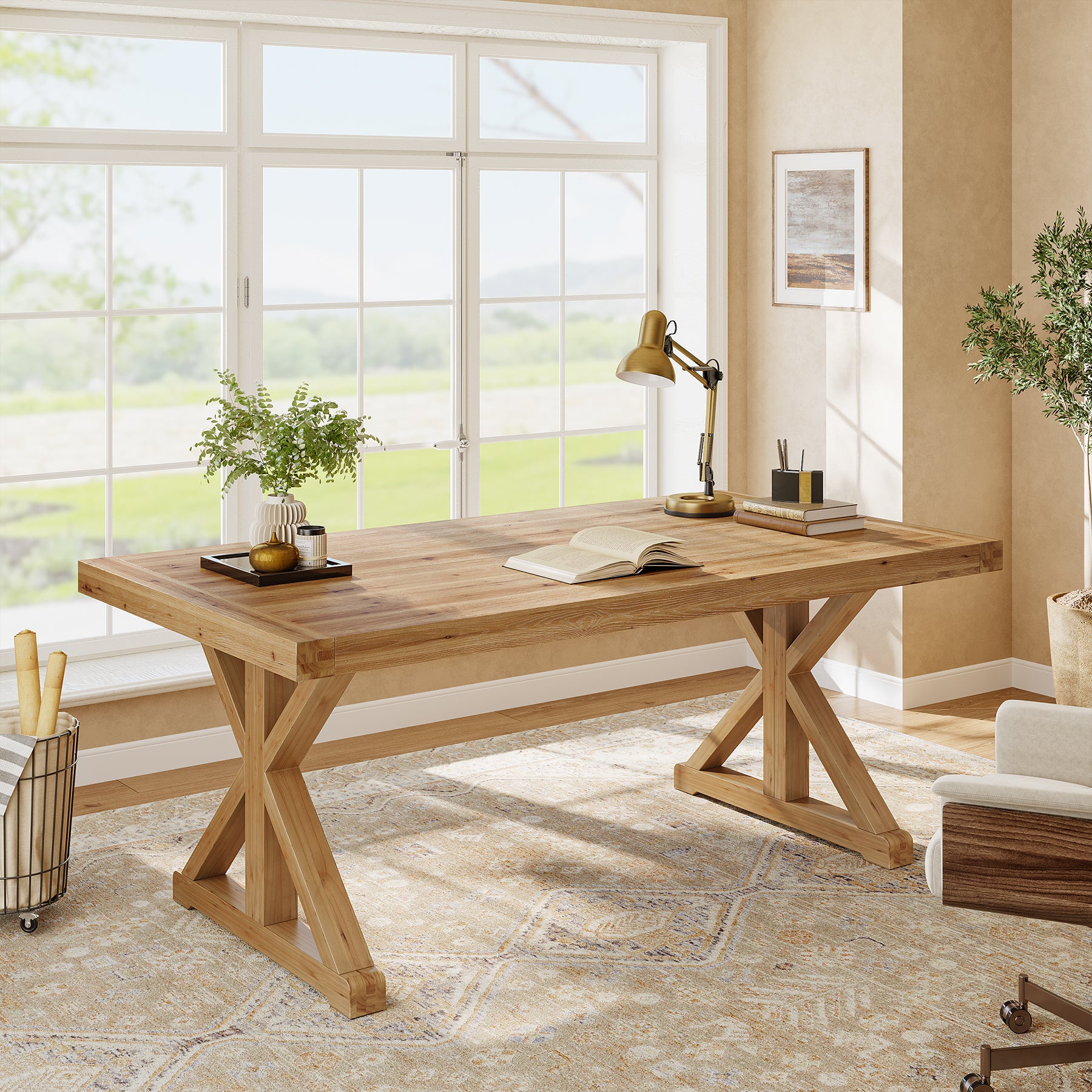 63" Rustic Computer Desk, Solid Wood Executive Desk for Office