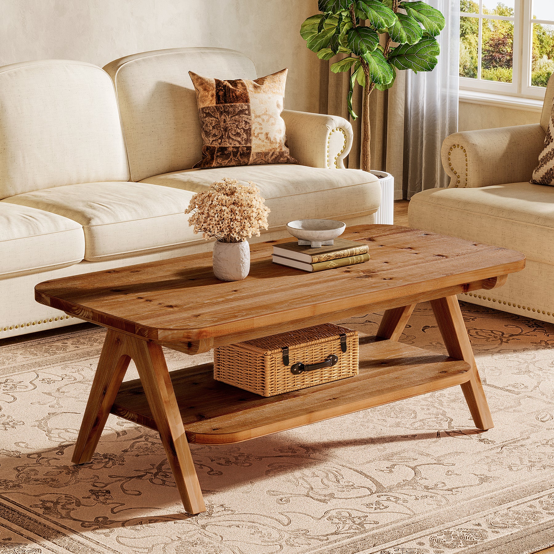 47" Coffee Table, Solid Wood 2-Tier Center Table with Storage Shelf