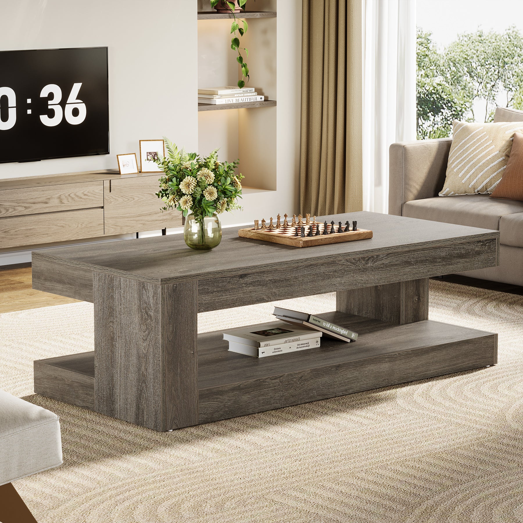 47.24" Coffee Table, Farmhouse 2-Tier Tea Cocktail Table with Storage