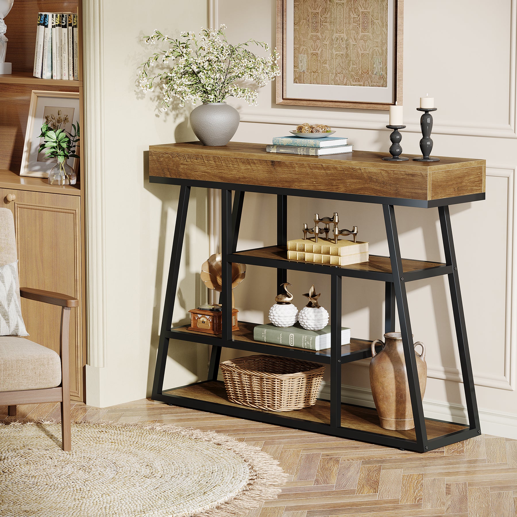 41.3" Console Table, Industrial Entryway Sofa Table with 4-Tier Shelves