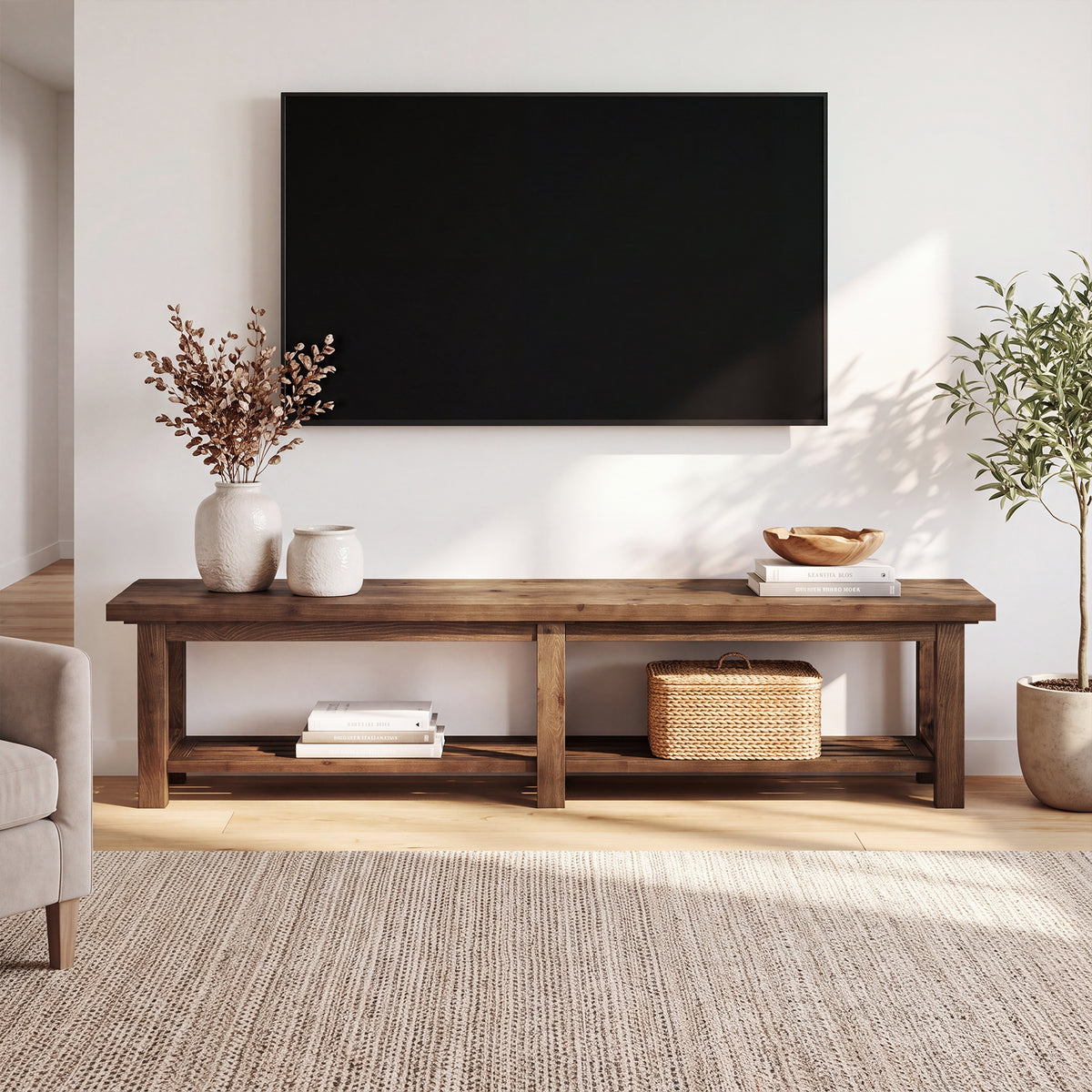 71" Solid Wood TV Stand for 80" TVs, 2-Tier Media Console for Living Room