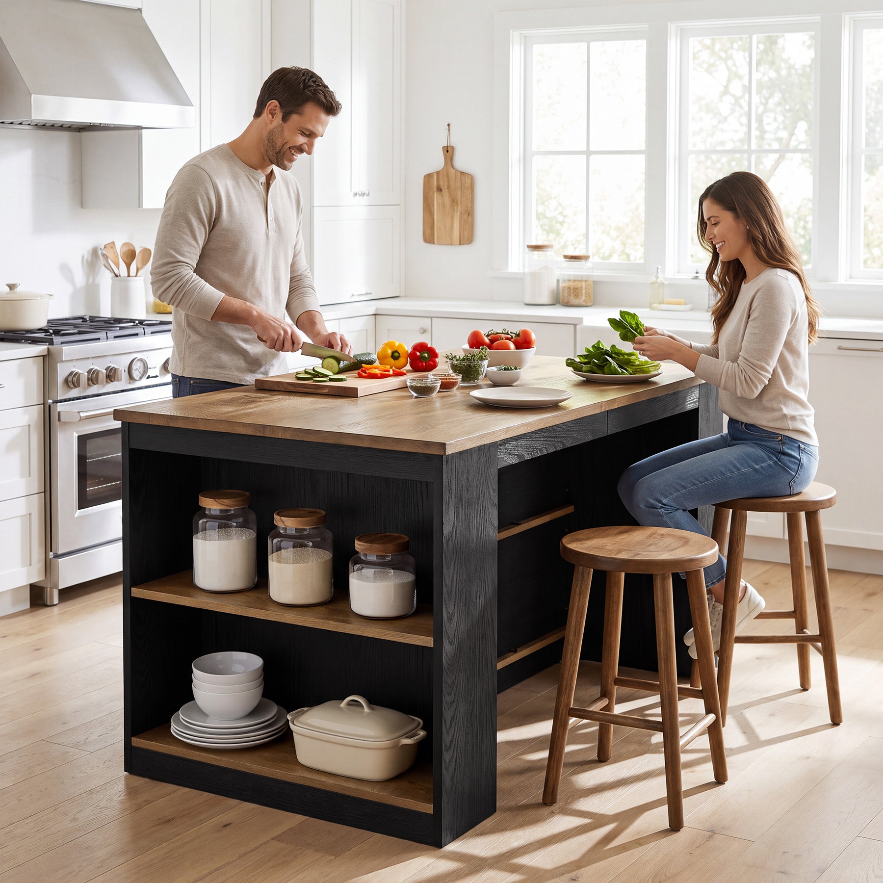 55" Two-Tone Kitchen Island with Storage Shelves, Large Worktop Dining Table