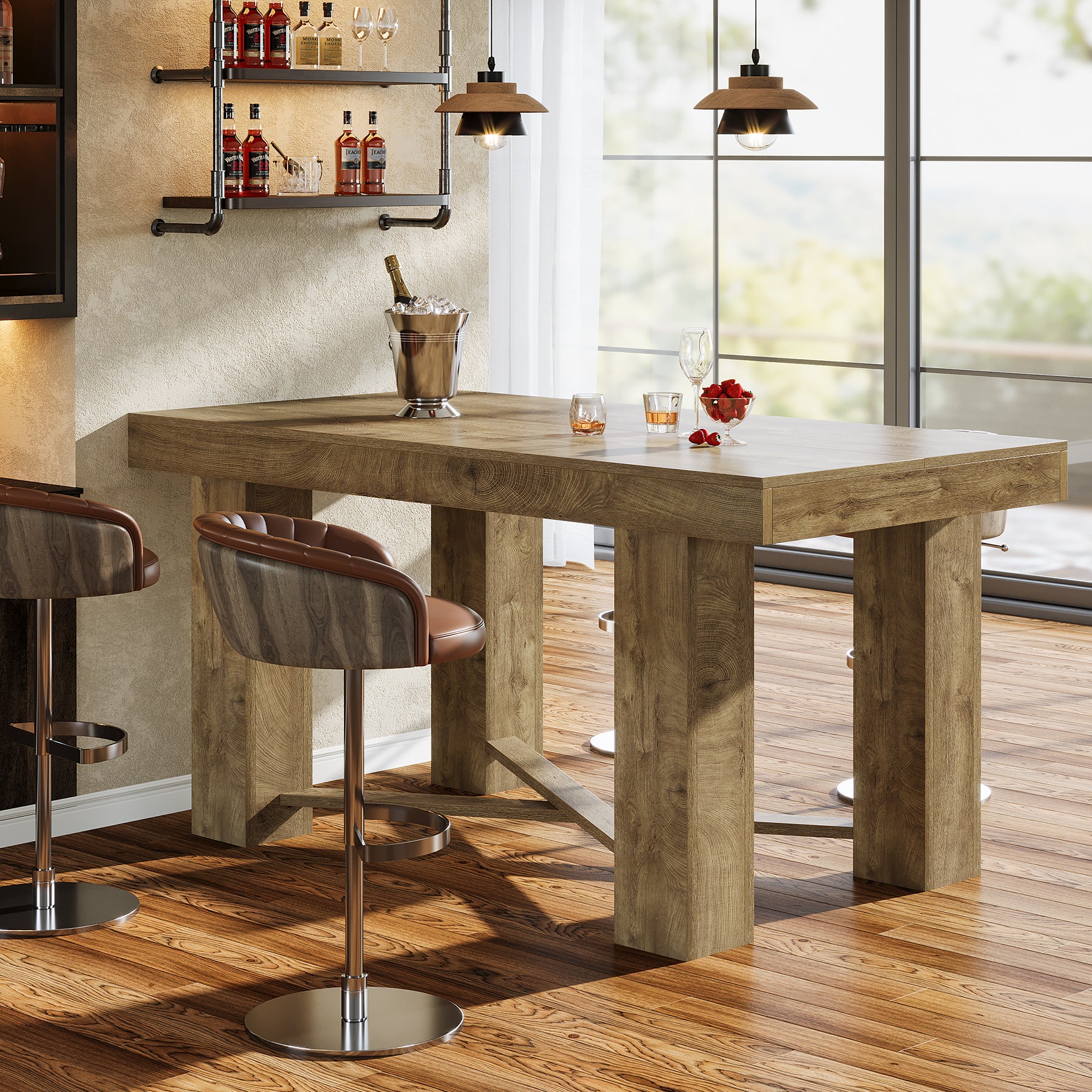 55 Inch Farmhouse Bar Table Counter Height, Rectangular Wooden Pub Table