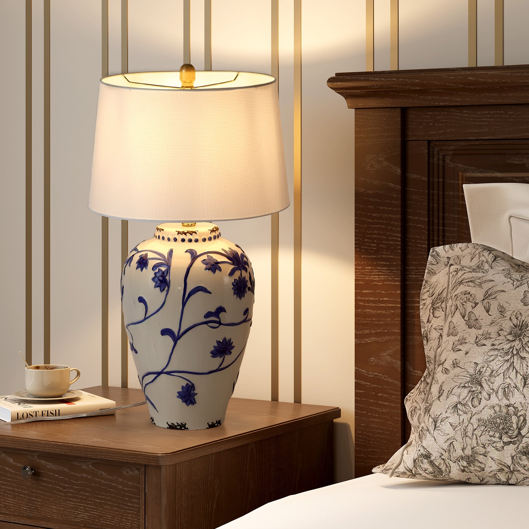 26" Porcelain Table Lamp, Lighting Fixtures with Patterned Decorative Bases