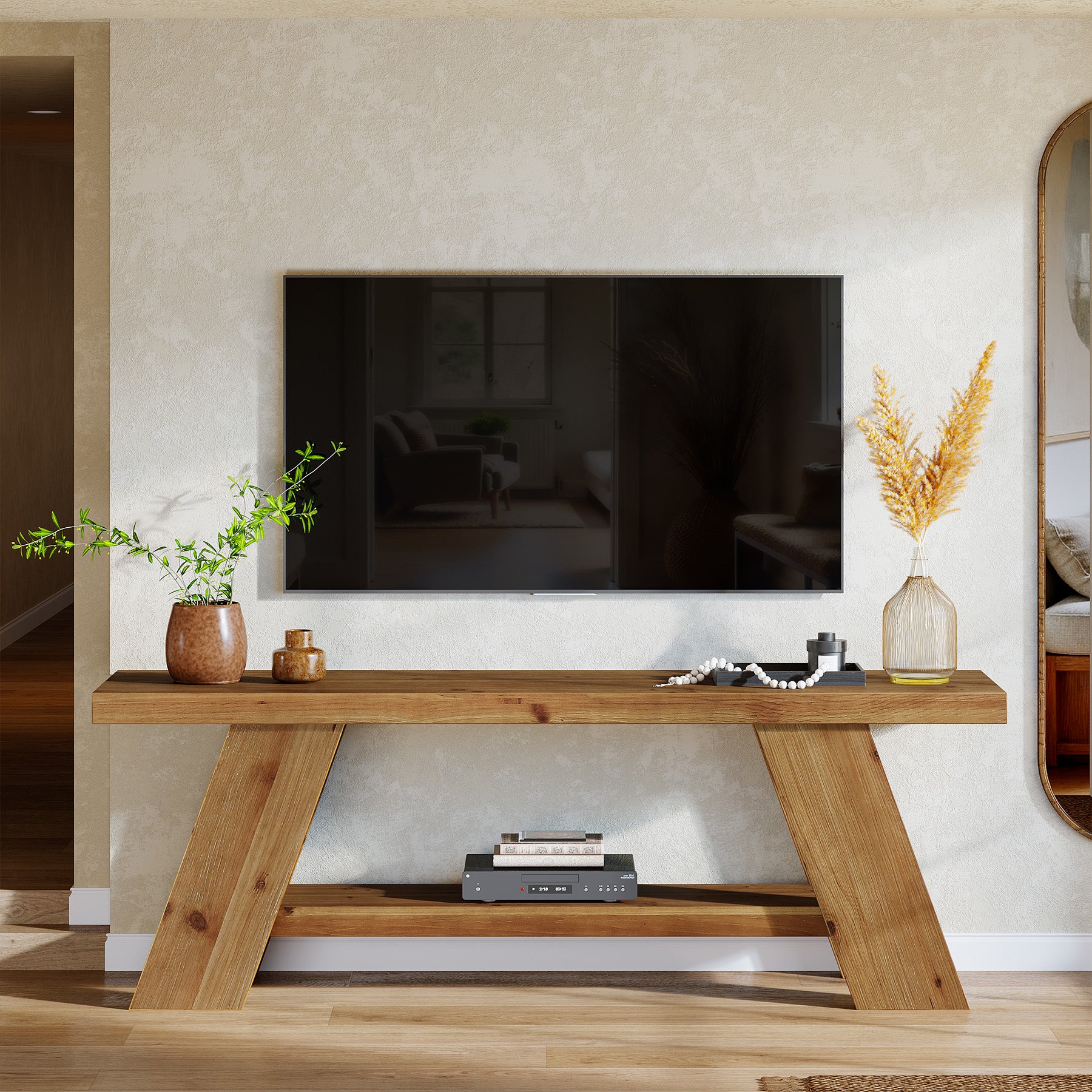 Solid Wood TV Stand with 2-Tier Shelf, 63" TV Media Console for TVs up to 75"