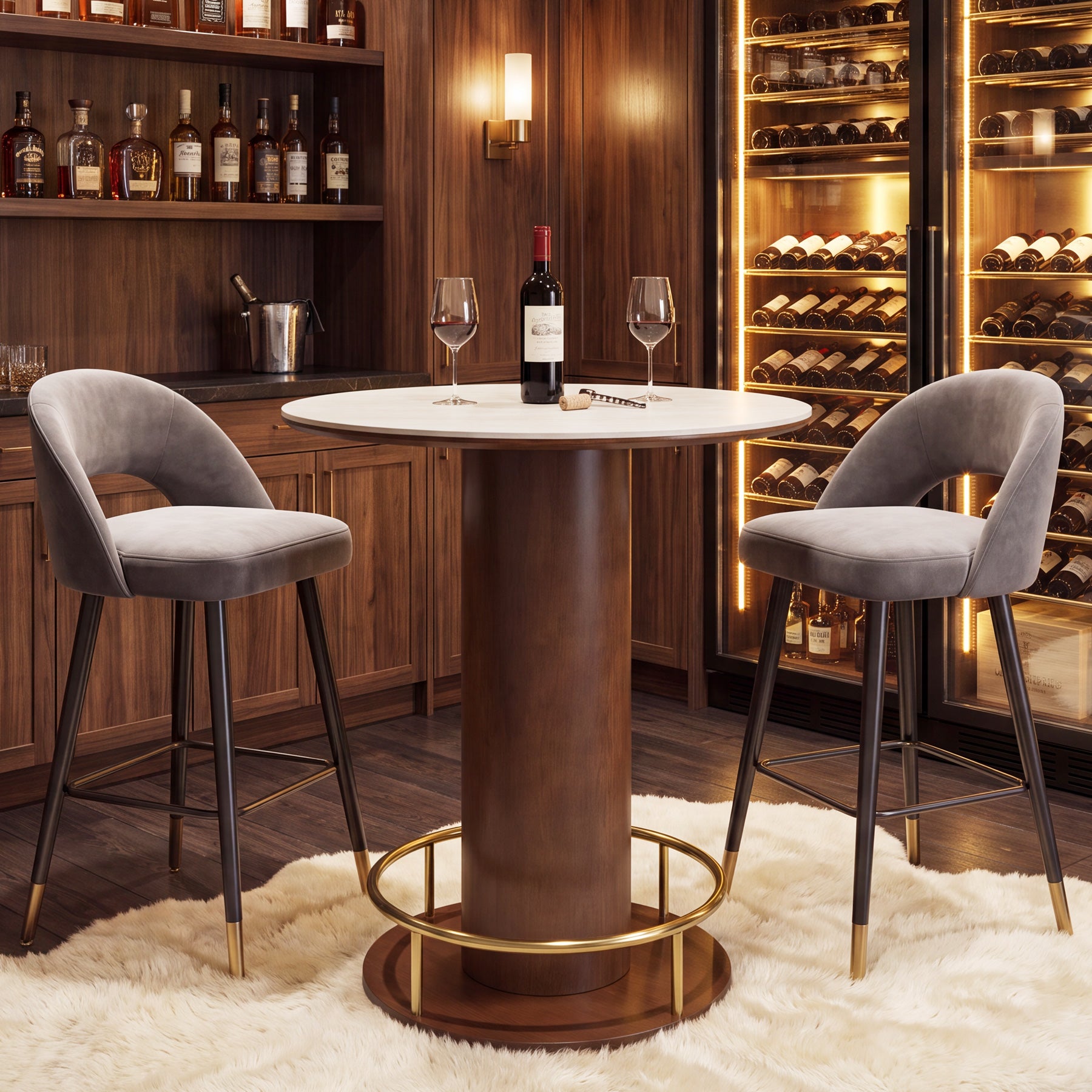 31.5" Round Counter Height Bar Table with Sintered Stone Top, Modern Bistro Table with Solid Wood Pedestal Base