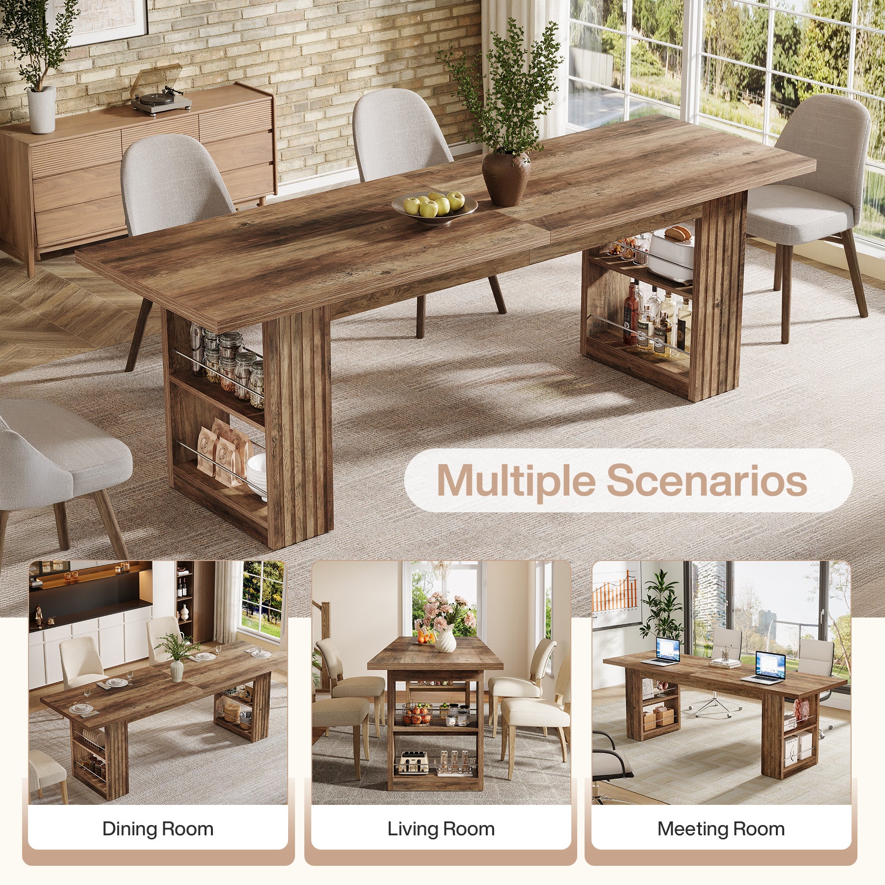 79” Farmhouse Dining Table, Large Kitchen Table with Storage Shelves for Dining Room & Kitchen