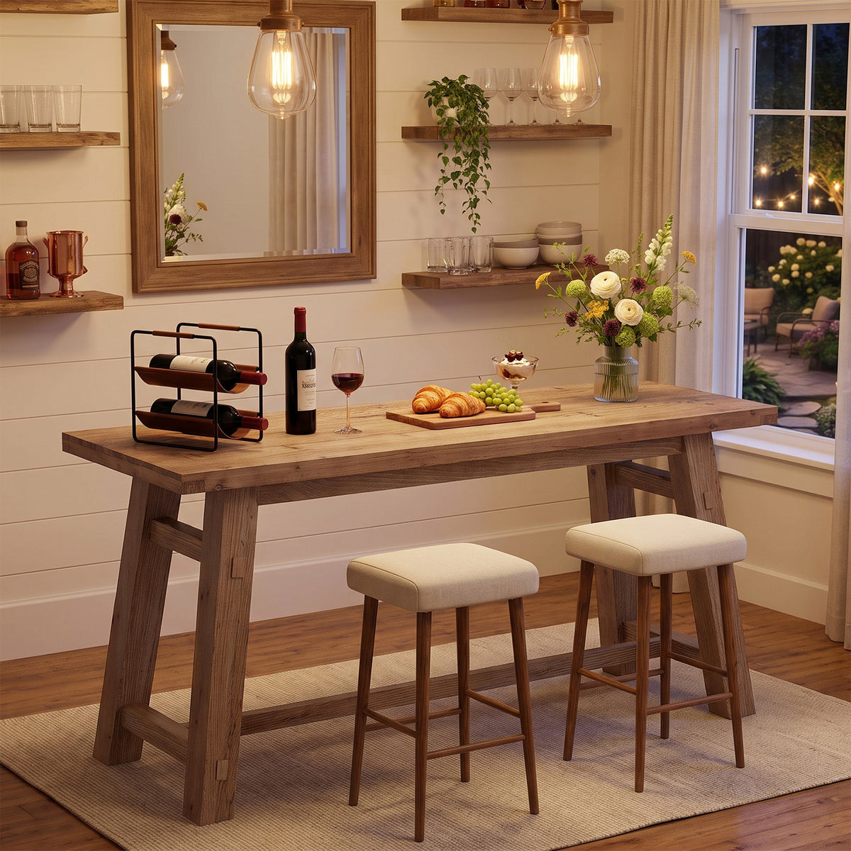 63" Solid Wood Bar Table with Footrest, Rectangular Pub Table, High Top Table