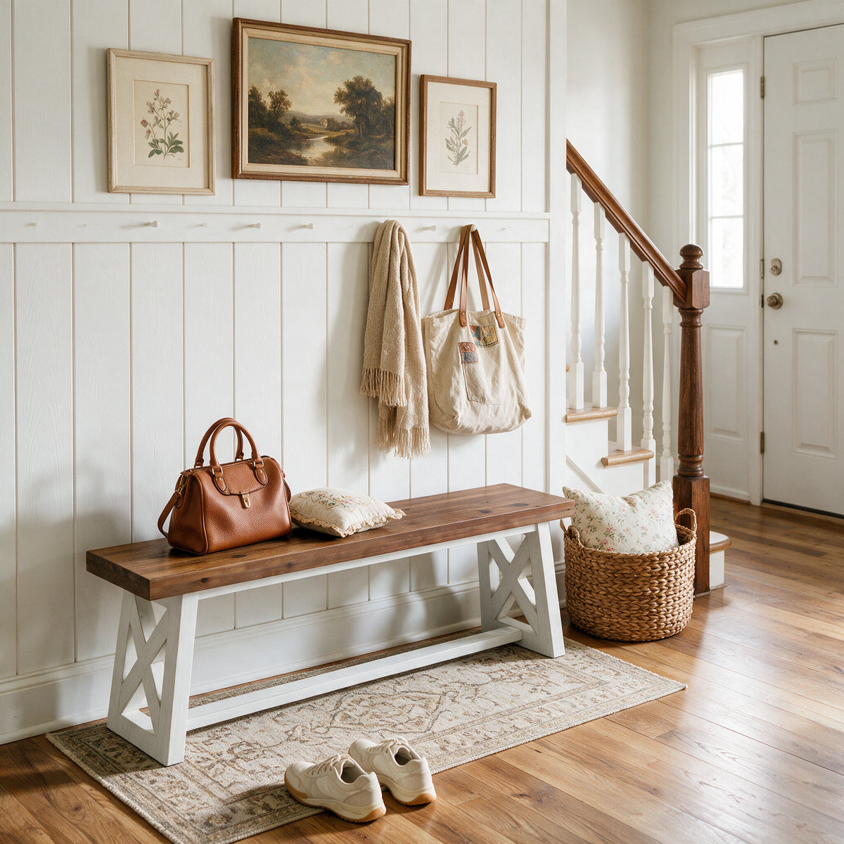55" Farmhouse X-Leg Bench, Solid Wood Long Entryway Hallway Bench, Dining Room