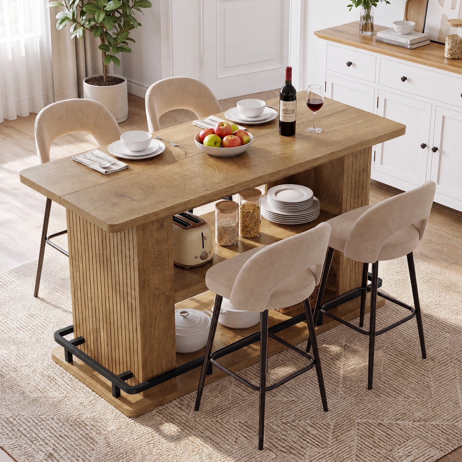 63" Kitchen Island, Stationary Island Table with Shelves & Metal Footrest for Kitchen