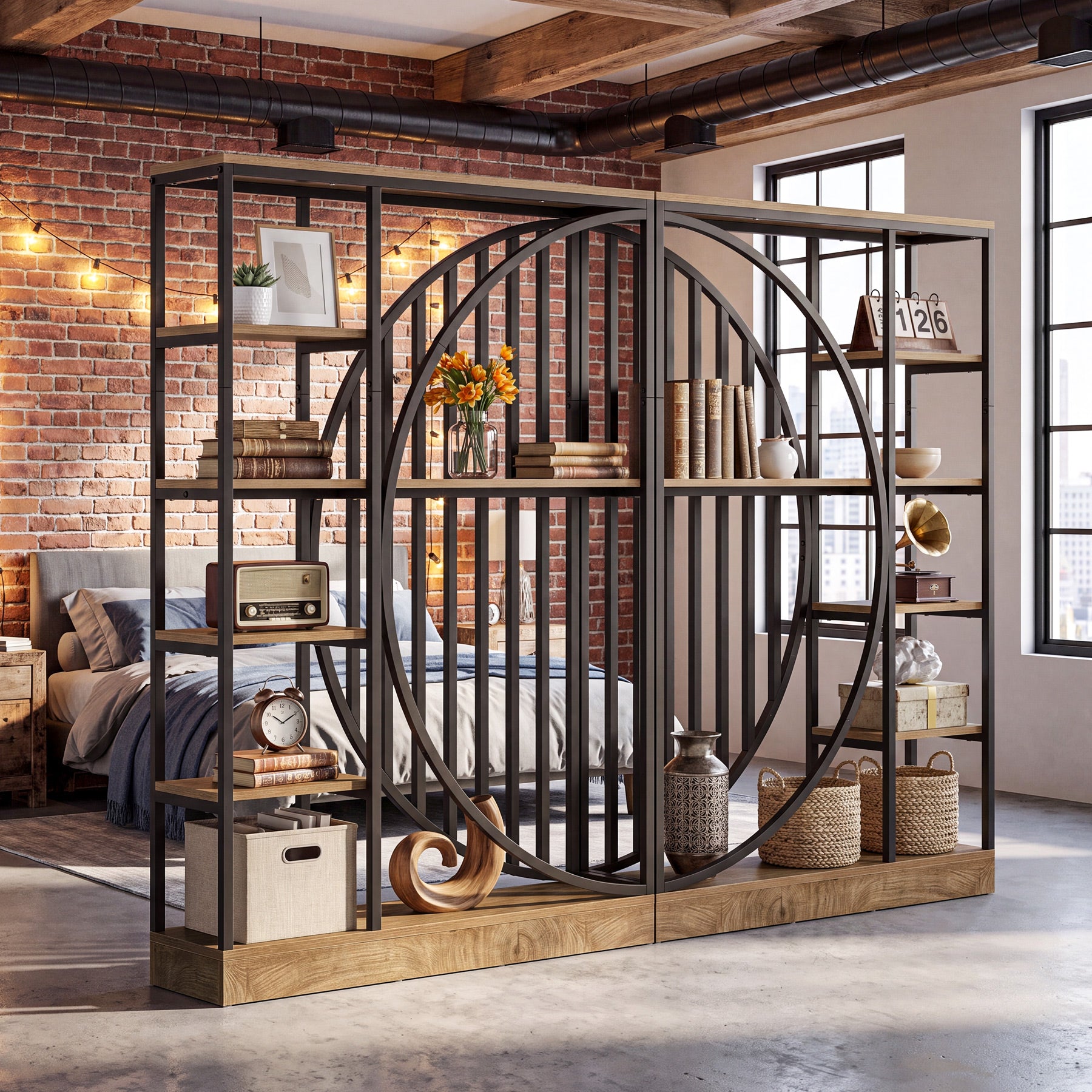 70.9" Tall Wall Room Divider, Freestanding Room Partition Screen with 5-Tier Storage Shelves