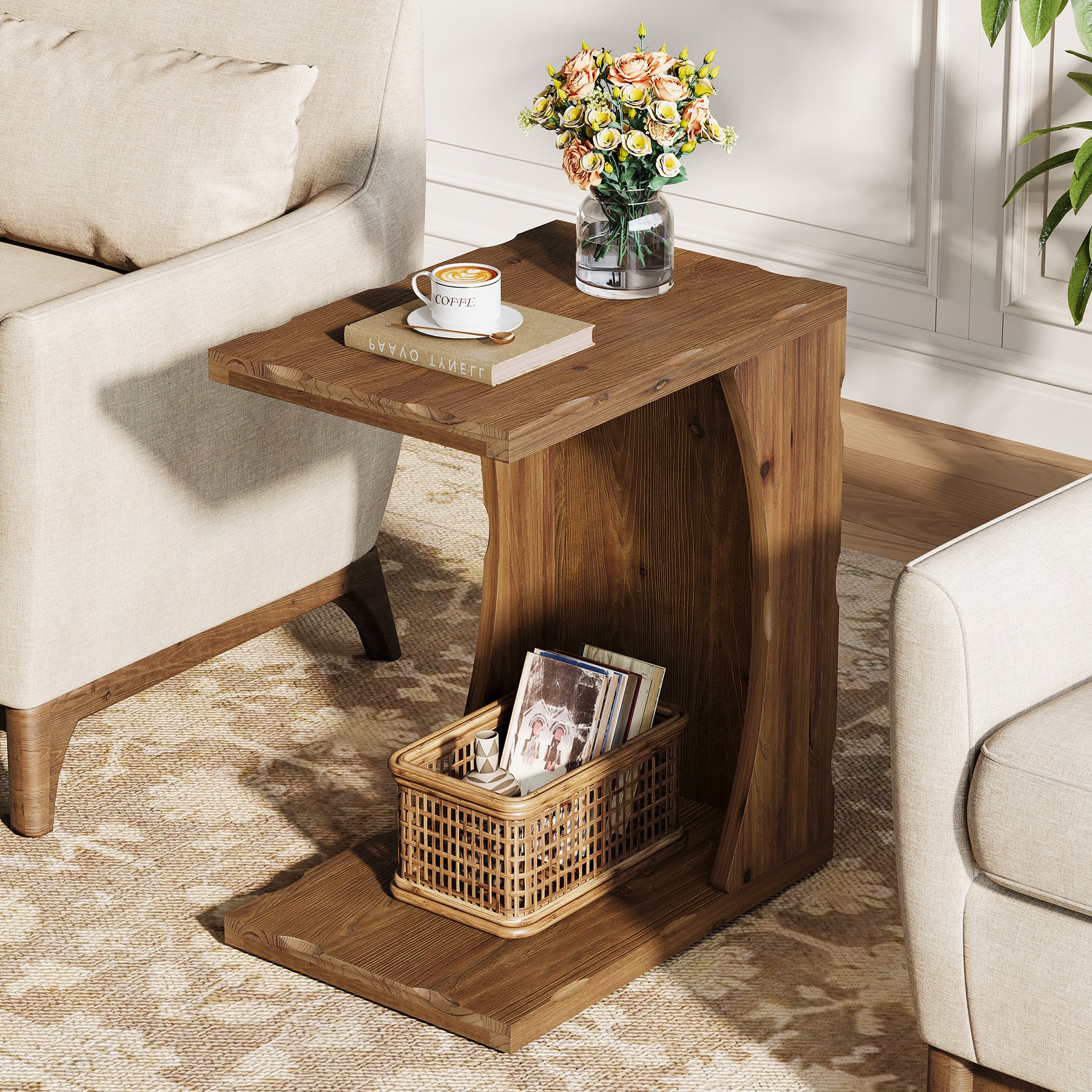 C-Shaped End Table, Solid Wood Narrow Side Table with Storage Shelf