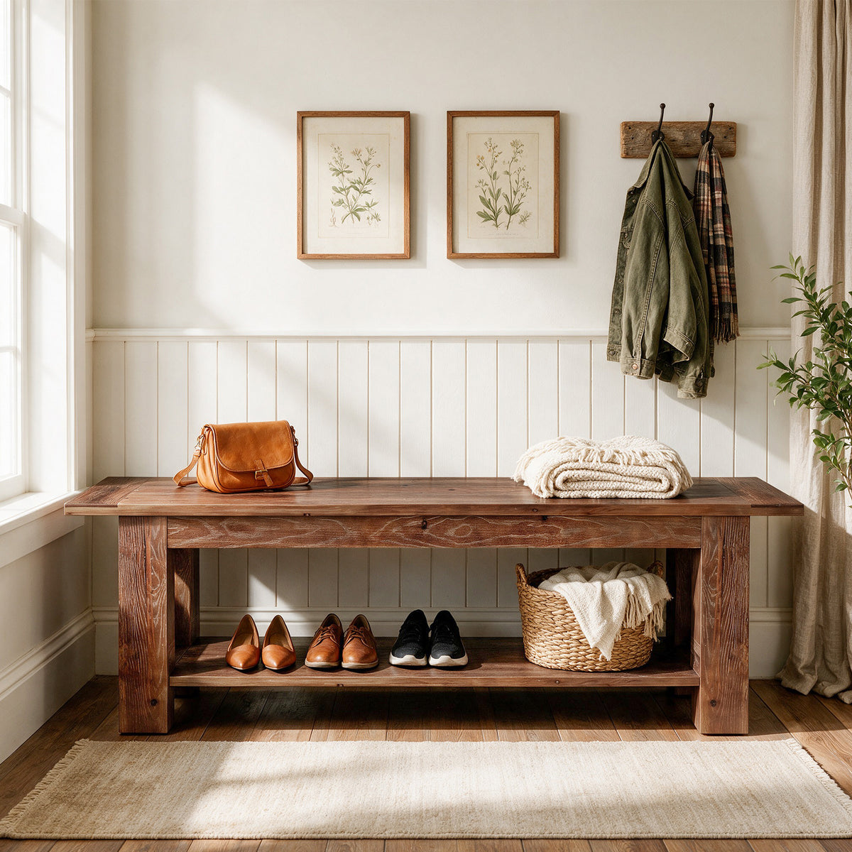 71" Extra Long Entryway Bench with Shoe Storage, Rustic Farmhouse Solid Wood, 2-Tier, Hallway