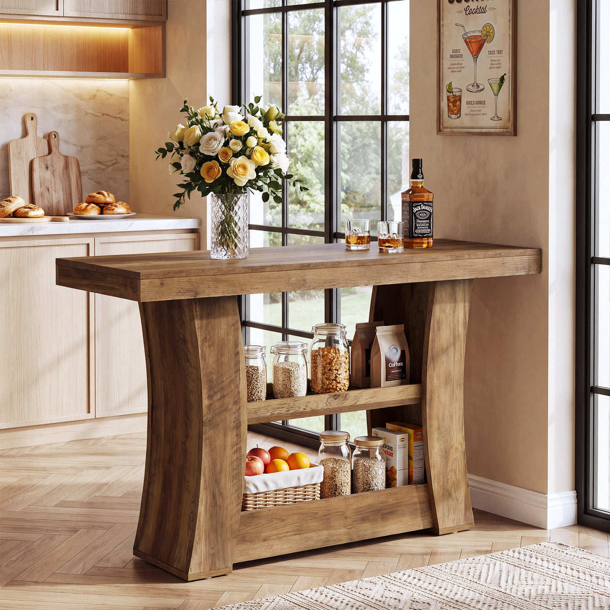 59.06" Bar Table, Counter Height Pub Table with 2-Tier Storage Shelves for Home Bar