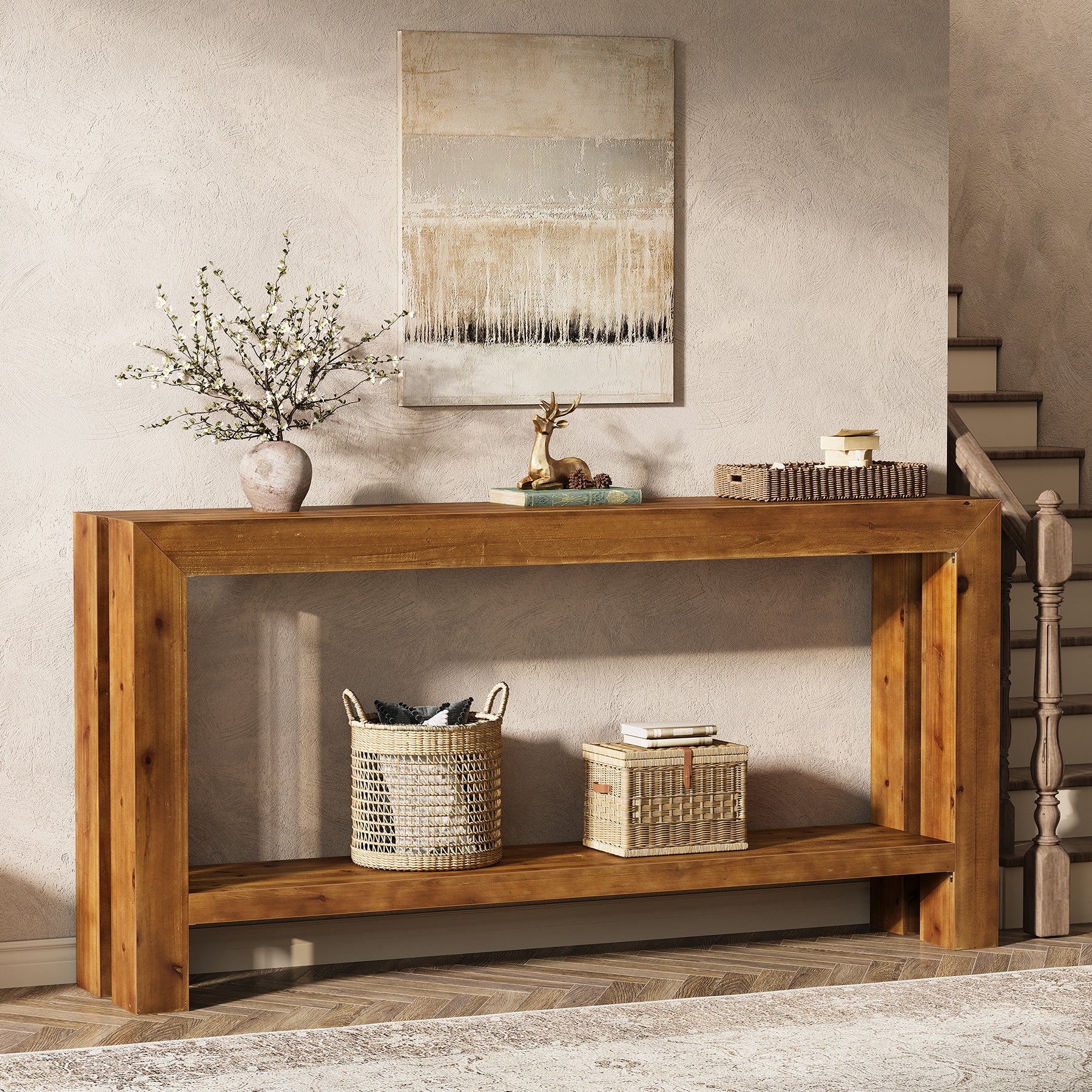 63" Solid Wood Console Table, 2-Tier Sofa Entryway Table for Hallway