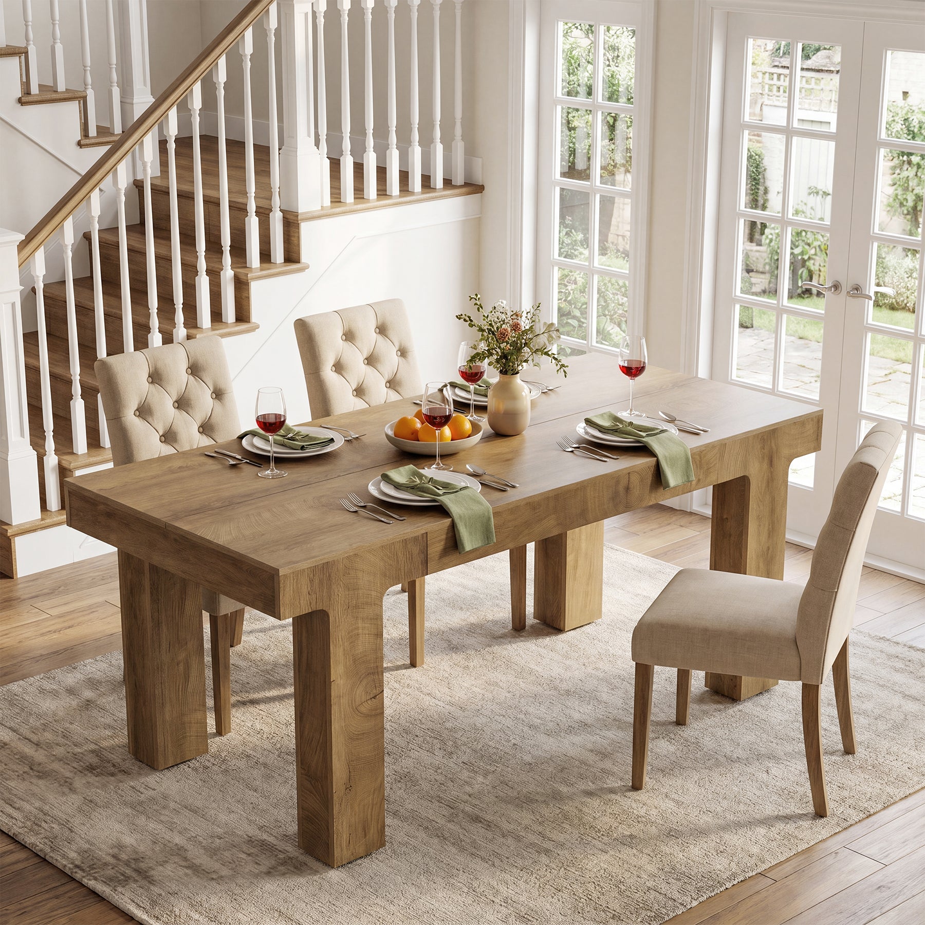 63" Dining Table for 4-6 People, Rectangular Kitchen Table with Smooth Curved Edge