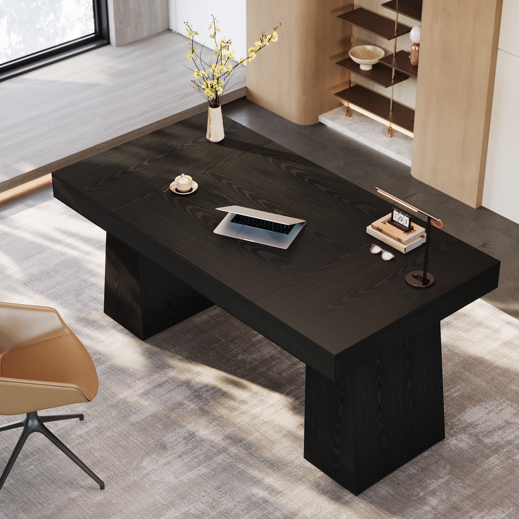 55" Executive Office Desk with Double Trapezoid Base, Modern Wooden Computer Desk for Home Office