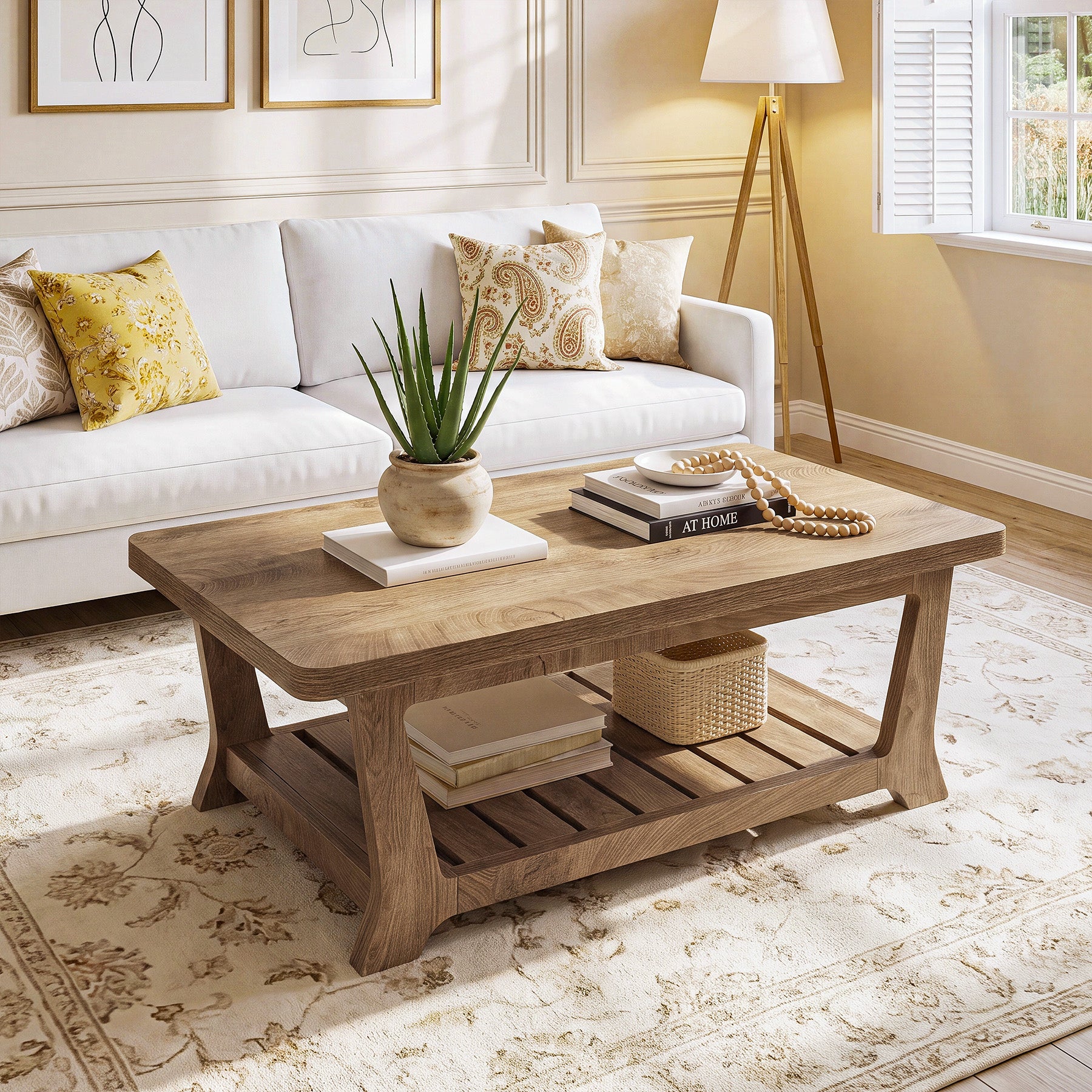 Rectangle Coffee Table, 47.24" Farmhouse Center Table with Shelves for Living Room