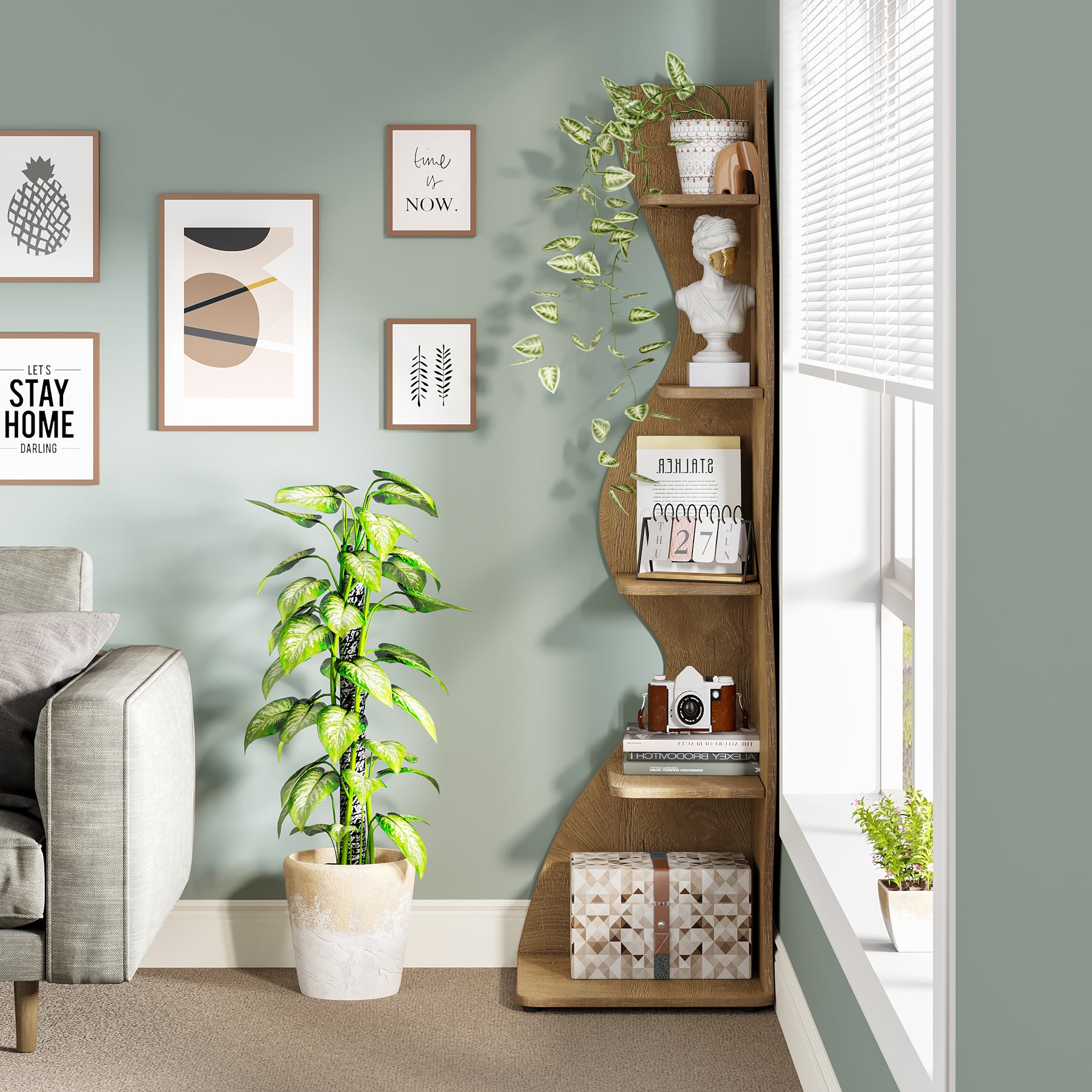 5-Tier Corner Bookcase, Rustic Freestanding Corner Shelf for Small Spaces