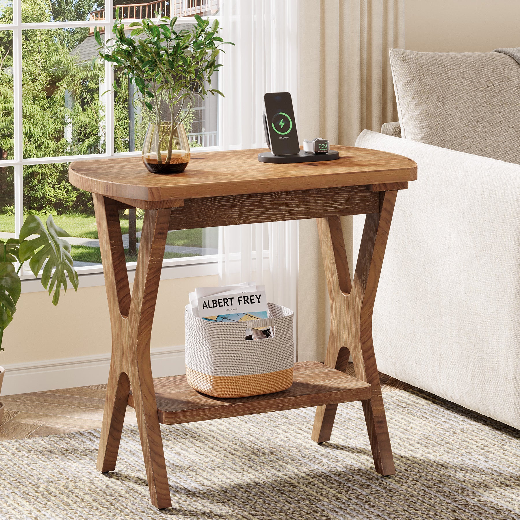 Solid Wood Side Table, 2-Tier End Table Nightstand with Storage for Living Room