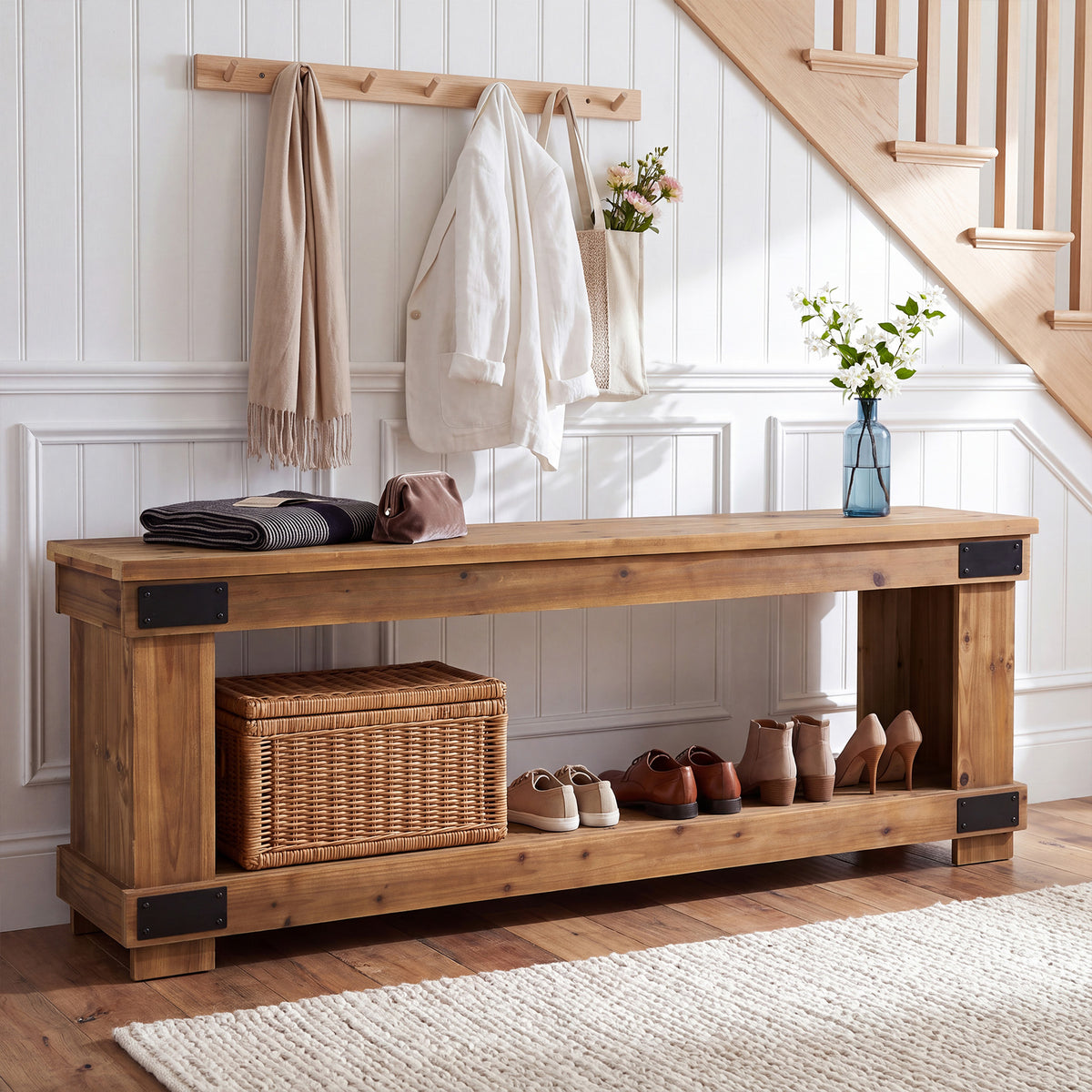 63" Solid Wood Entryway Bench, 2-Tier Shoe Storage, Industrial Hallway Bench